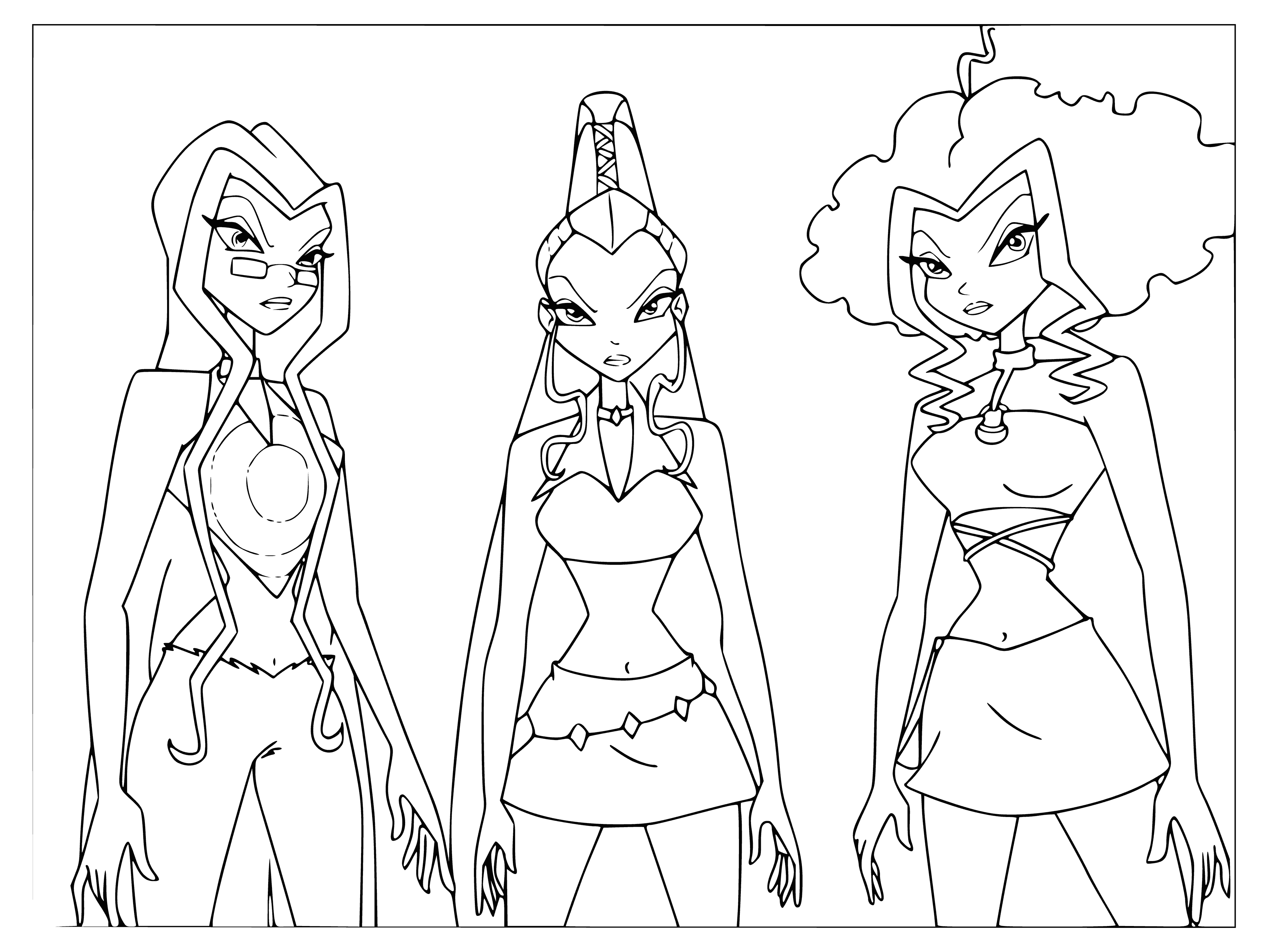 coloring page: Three mischievous sisters: Darcy, Icy, & Stormy play tricks & have fun! Cool, confident Icy always talks her way out of trouble.