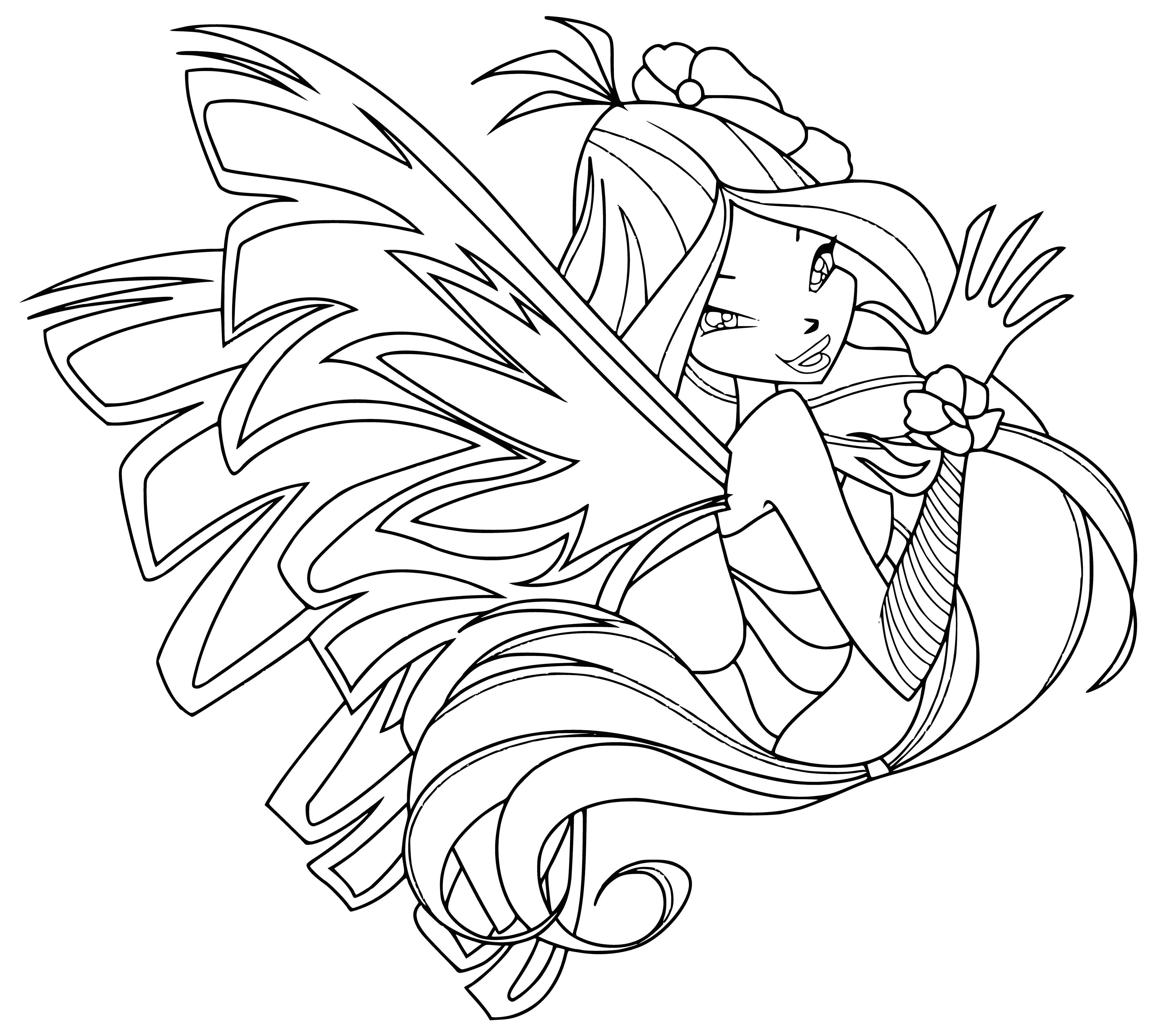 coloring page: Flora: long light green hair, low ponytail with gold chain, teal fins, teal gem earrings, sleeveless teal bodice, gold bangles, gold hoop earrings and Sirenix necklace.