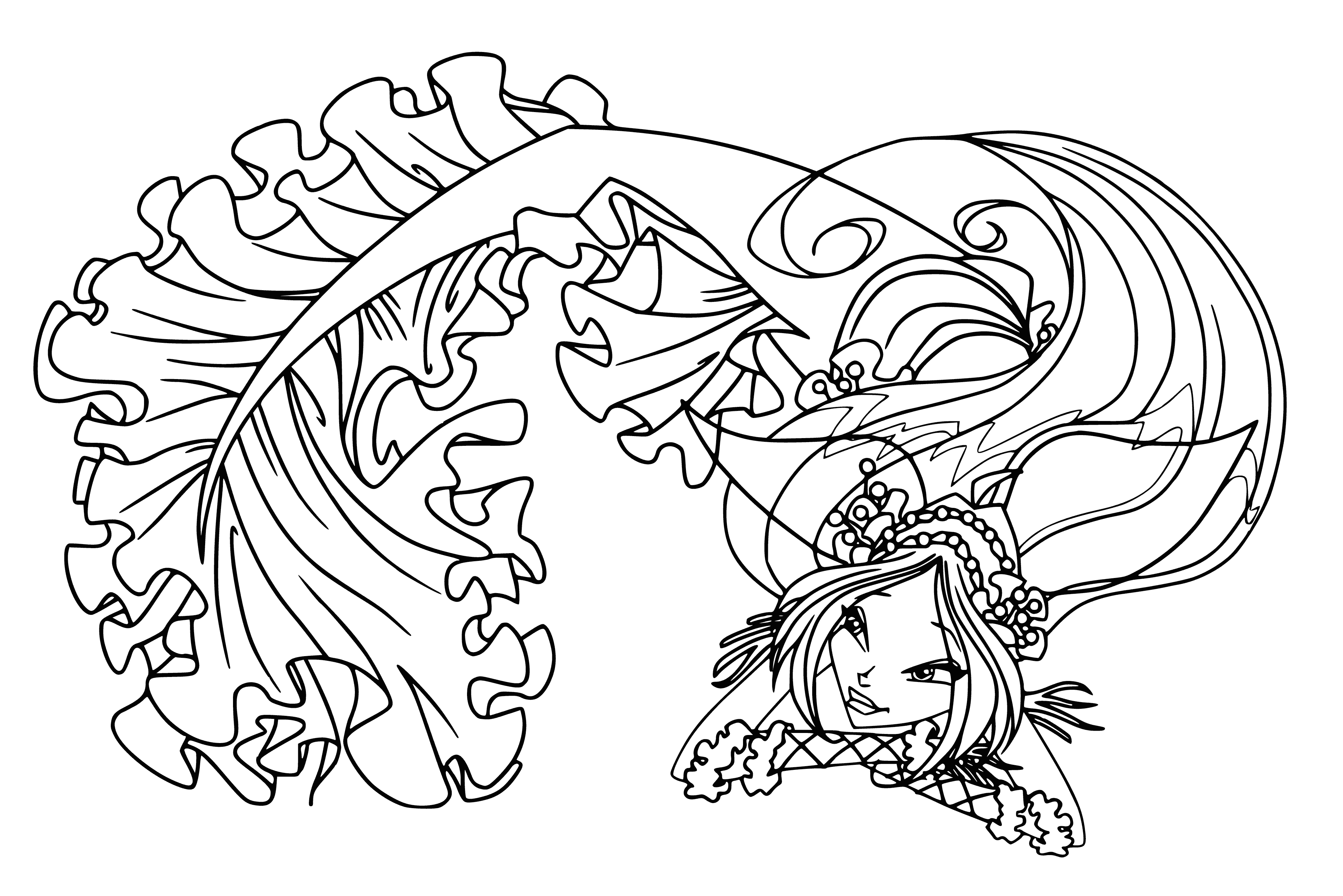 coloring page: The Flora mermaid has long brunette hair, a flower crown, and a green tail with flower patterns.