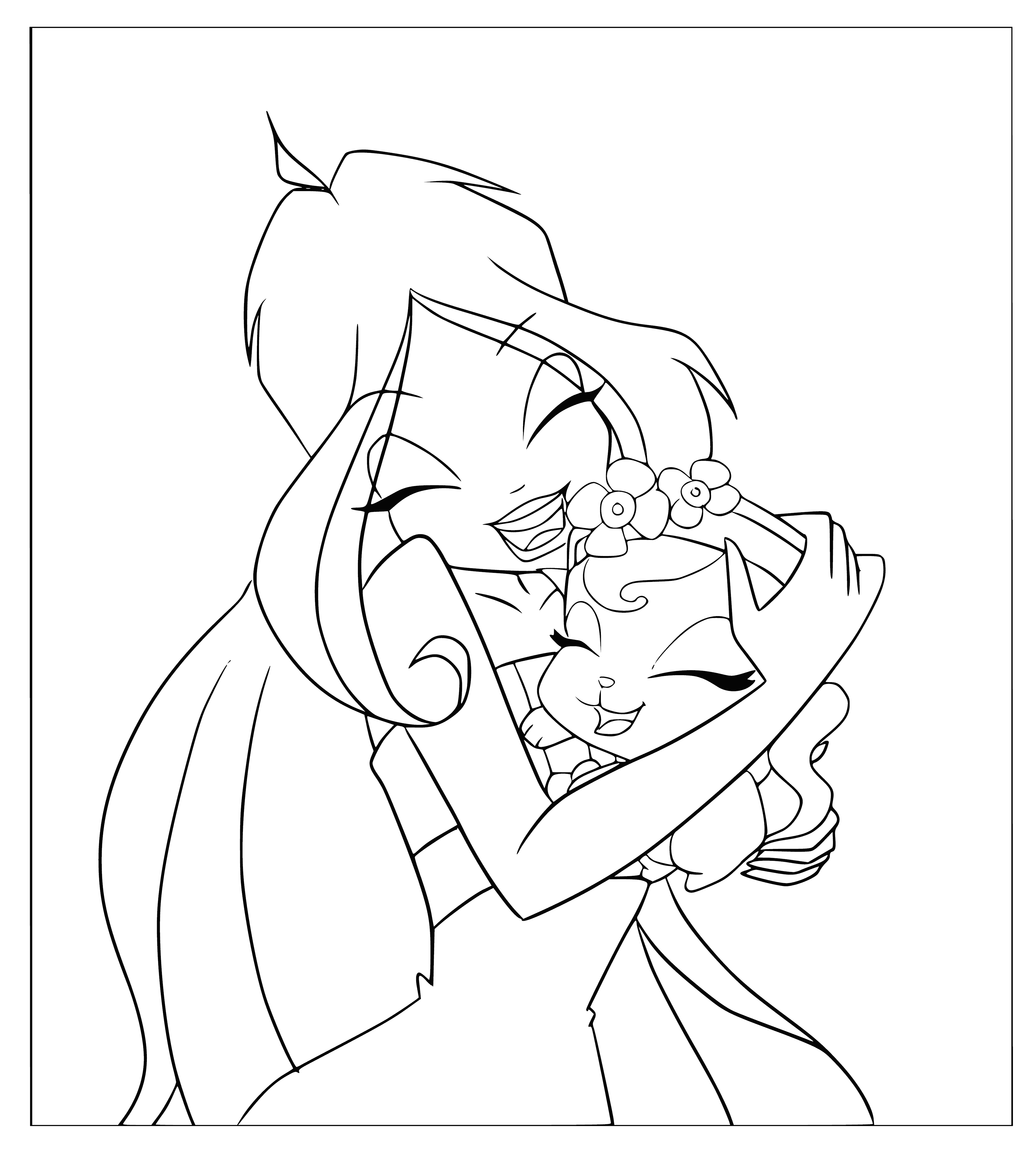 coloring page: Woman smiles, holding potted plant with healthy green leaves, talking to it as if it were alive.