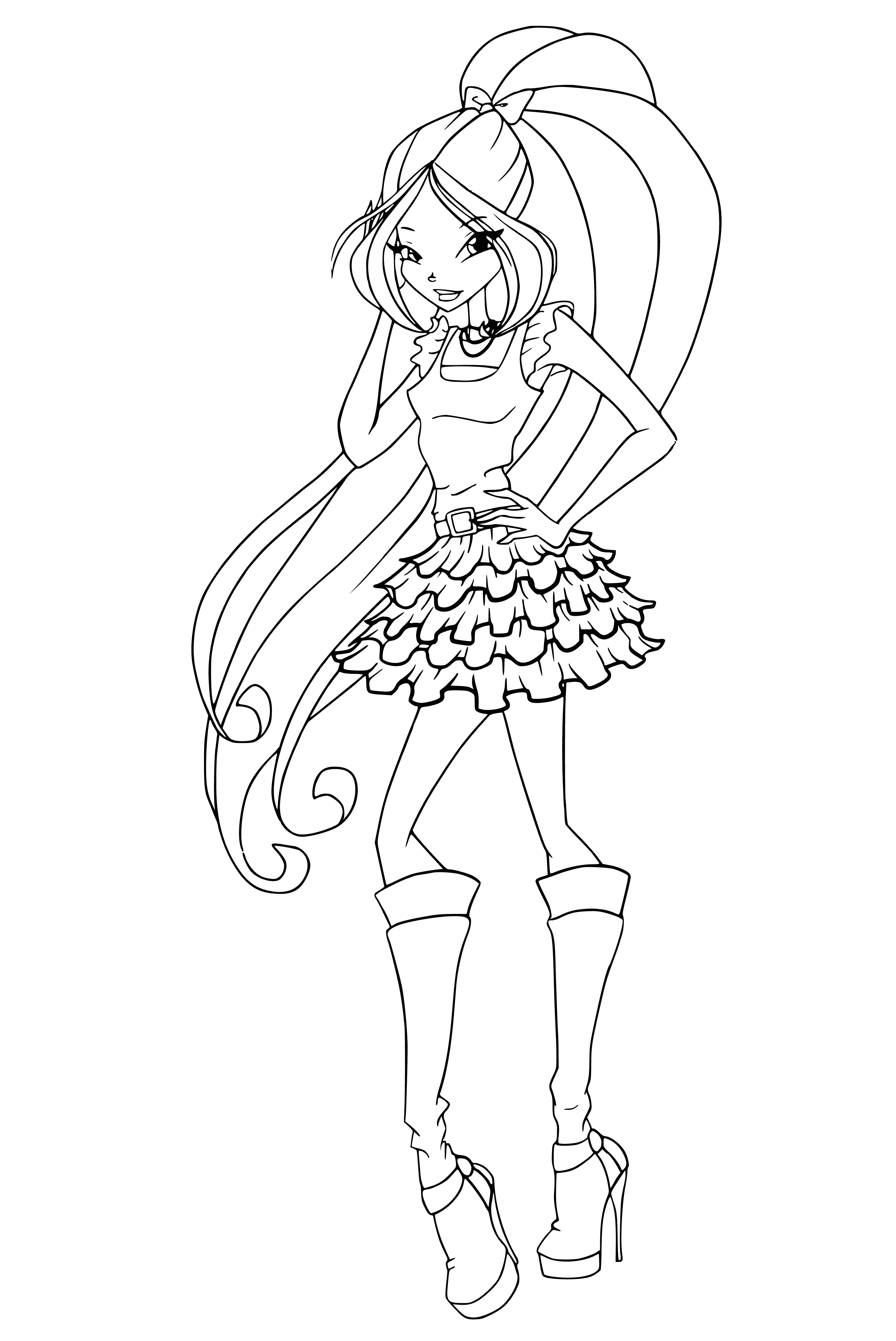 coloring page: Girl in skirt, curly hair, holding a flower; she smiles at the world in her sweet innocence. #beauty