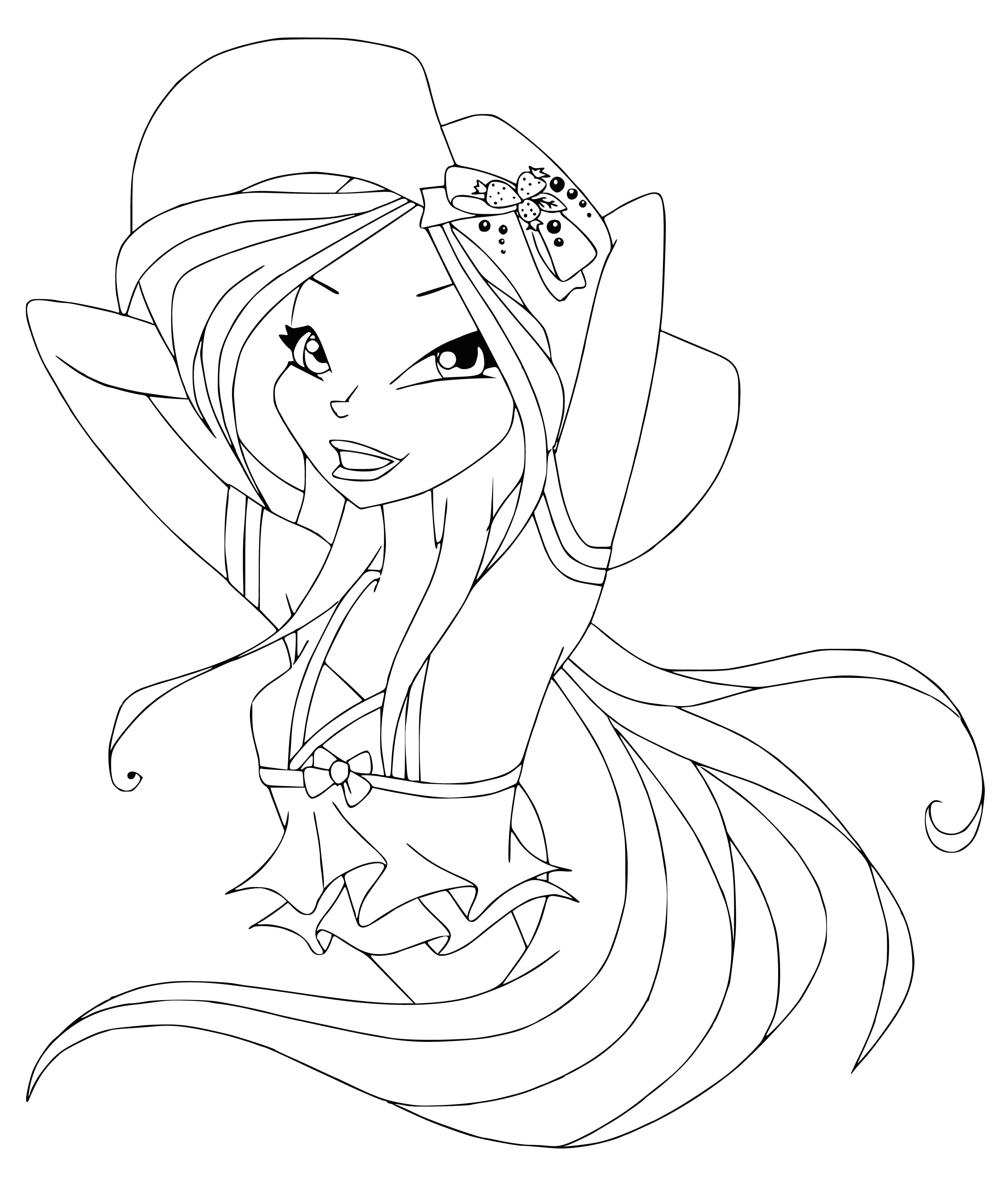 coloring page: Woman in white dress wearing floral hat reads book; coloring page to be enjoyed by all.