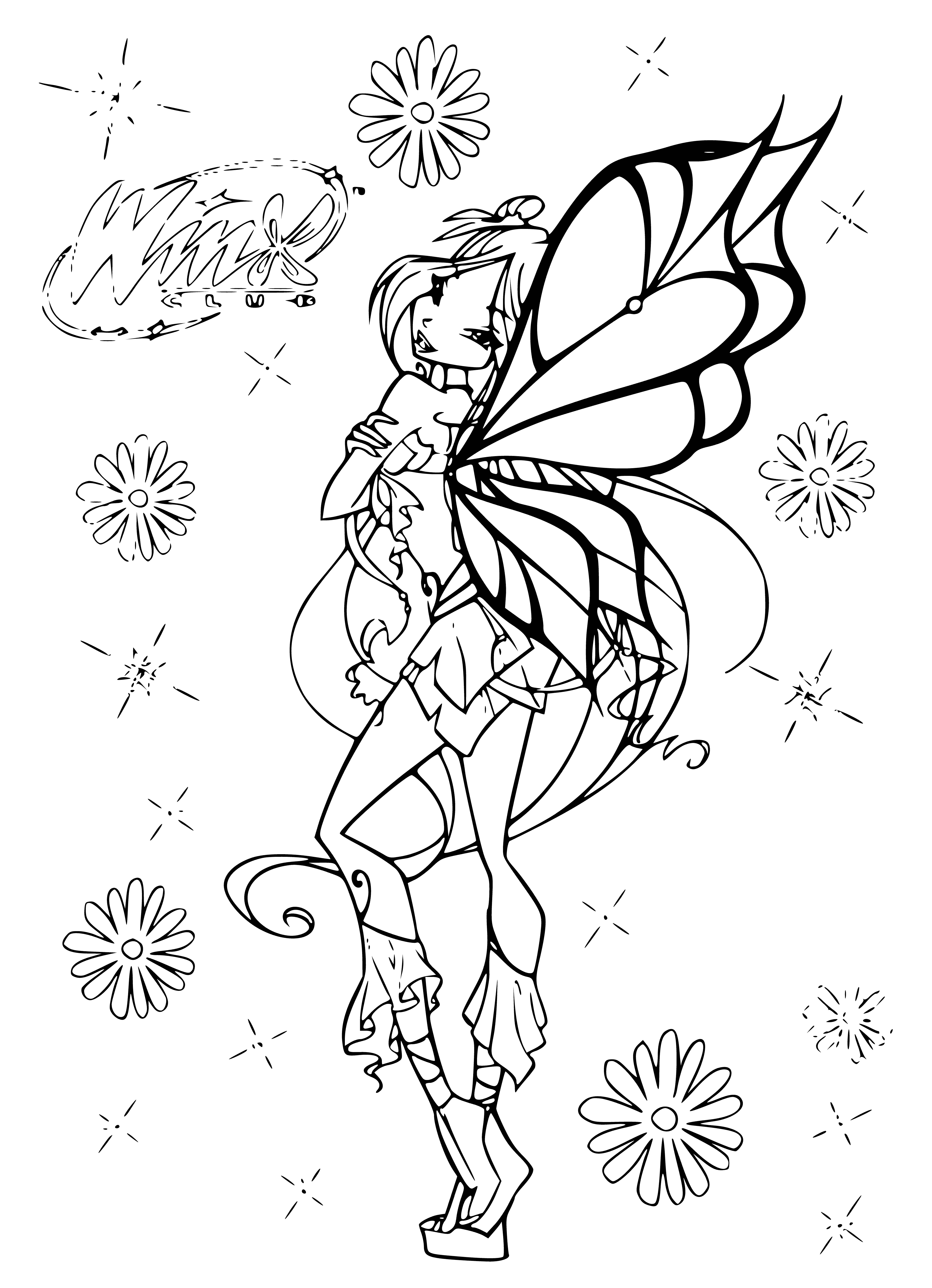 coloring page: A fairy with light brown skin, white hair, delicate features & yellow butterfly perching on her shoulder collects a pink flower in a green dress surrounded by blooming white & pink flowers with soft, glowing light.