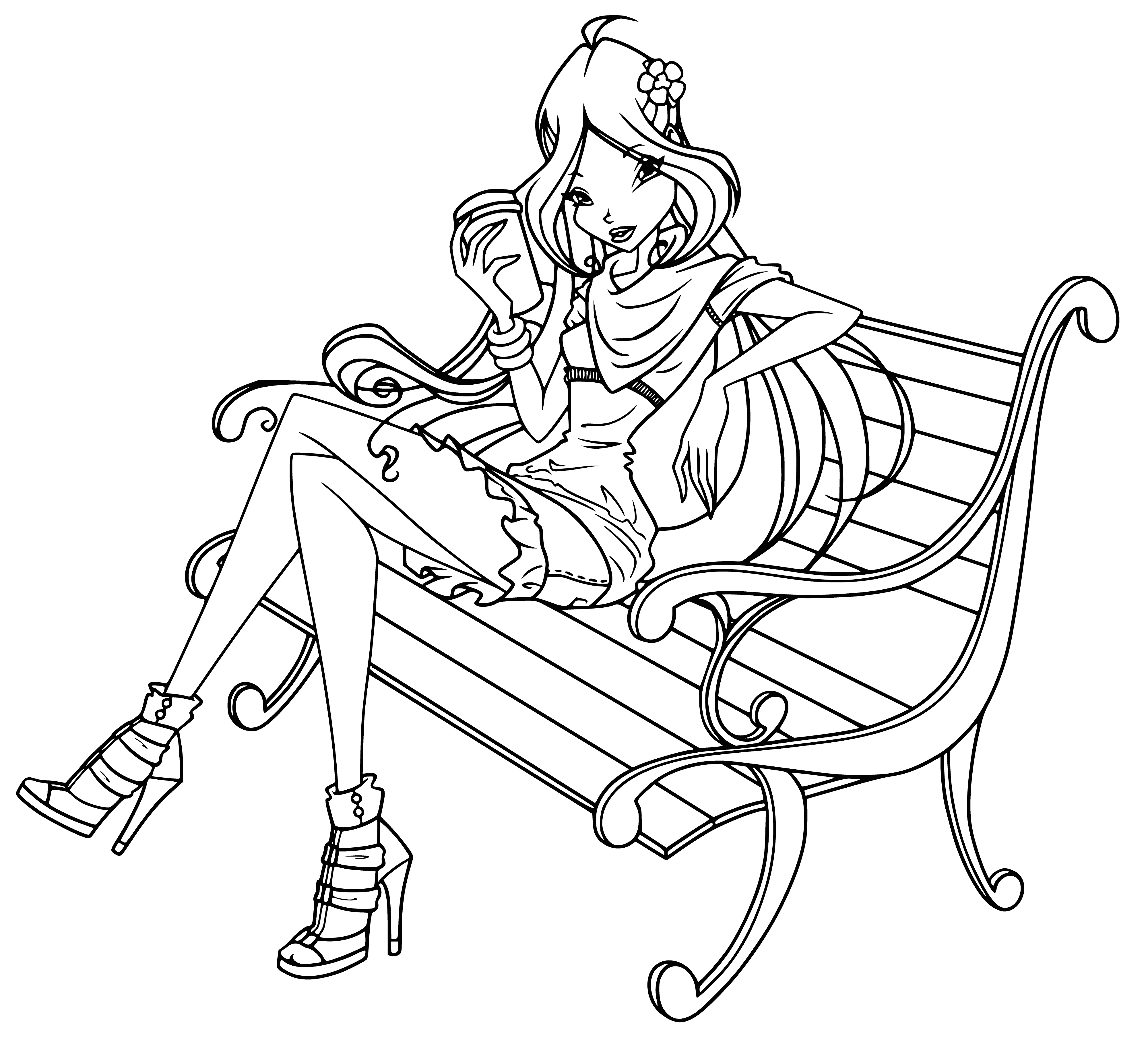 coloring page: Girl w/ dyed red hair sits on park bench w/ dog on her lap. Wearing patterned dress, black leggings & red shoes.