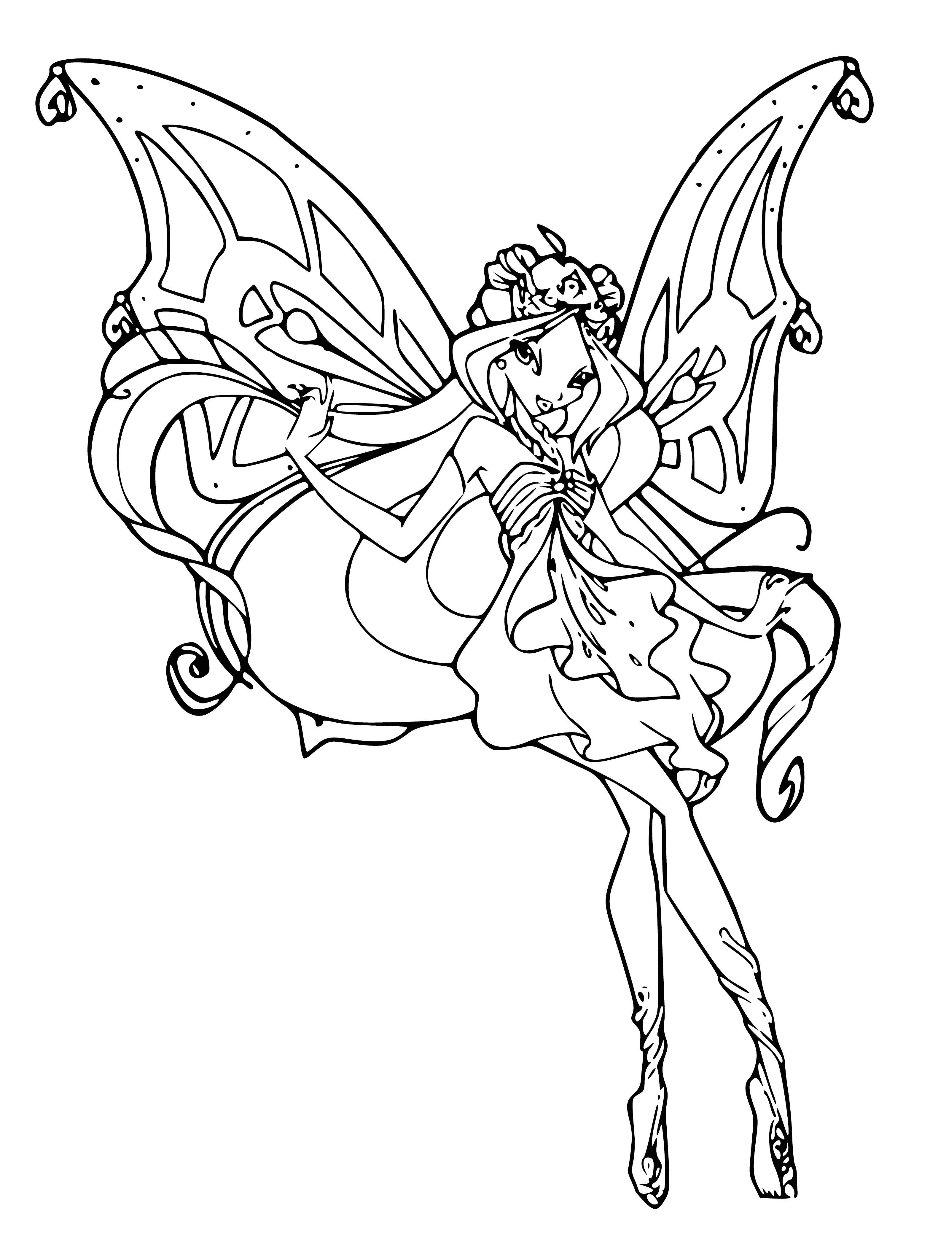 coloring page: The Flora has brown wings with white and gold designs, holding a white flower in its mouth. #MacroMonday