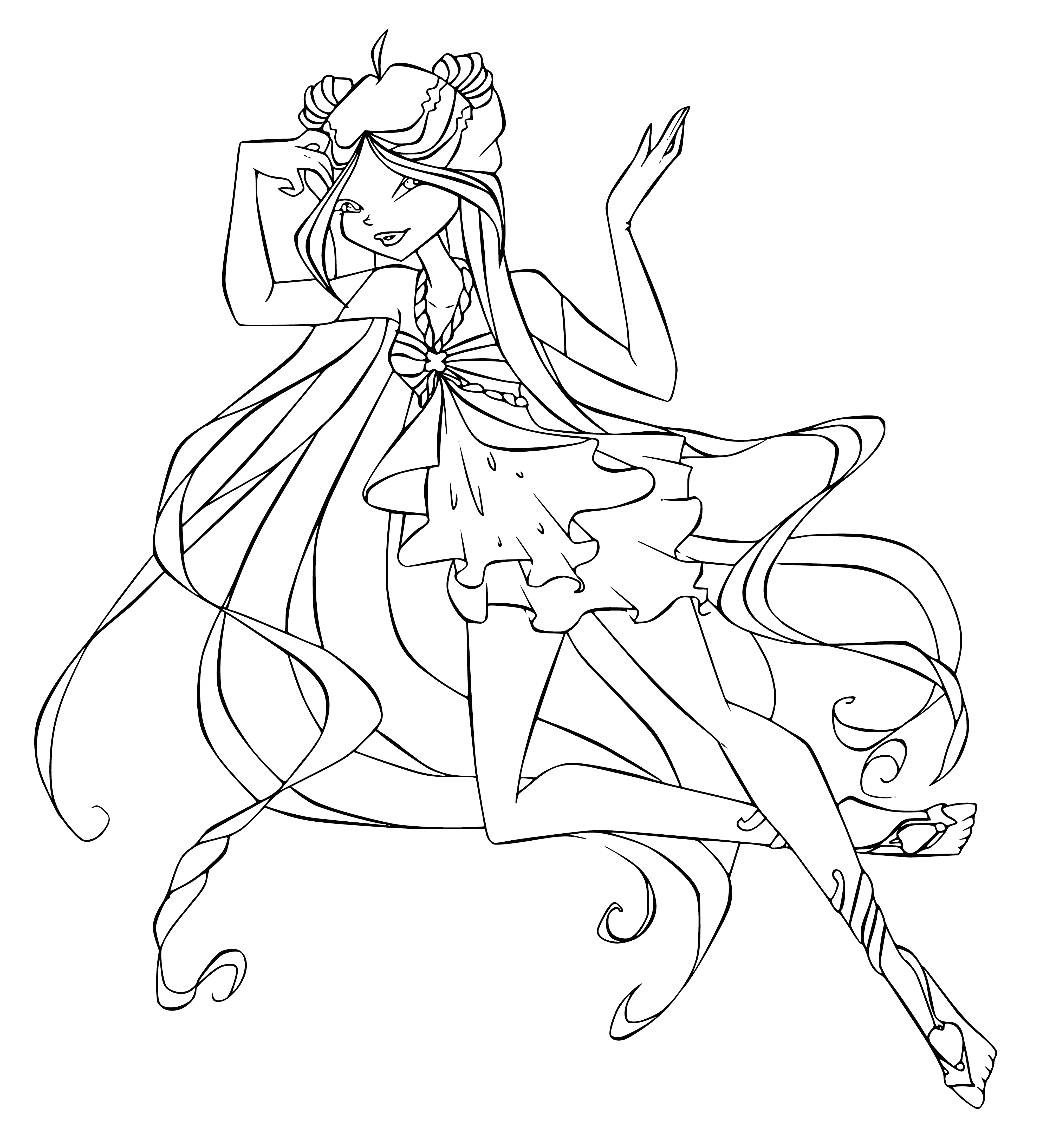 coloring page: Fairy Flora is a gentle, kind fairy surrounded by colorful flowers. She wears a simple white dress and delicate wings, and holds a large, pink flower.