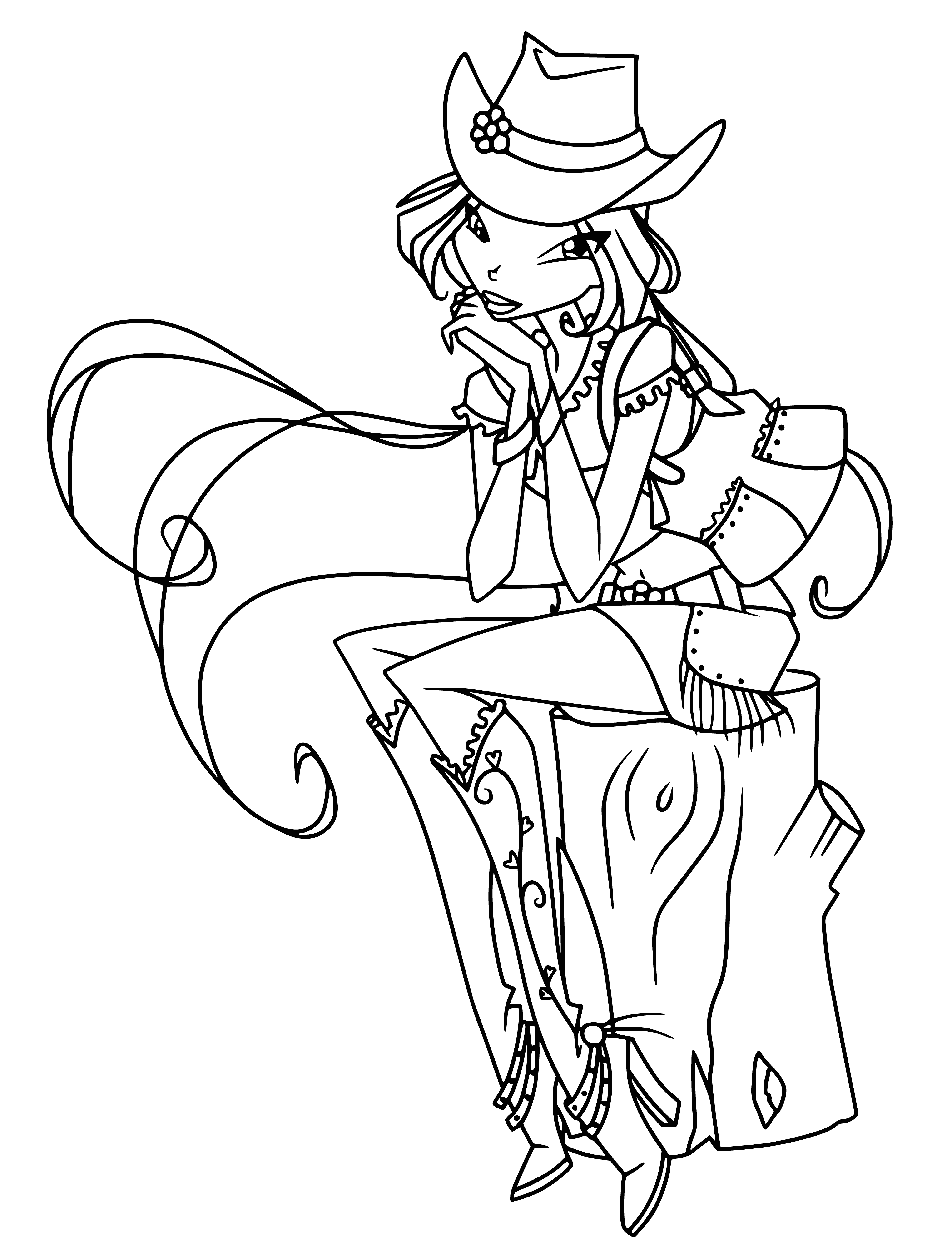 coloring page: Flora is a young woman in a cowboy outfit, wearing a hat, leather jacket, and jeans, strumming a guitar. #westernstyle