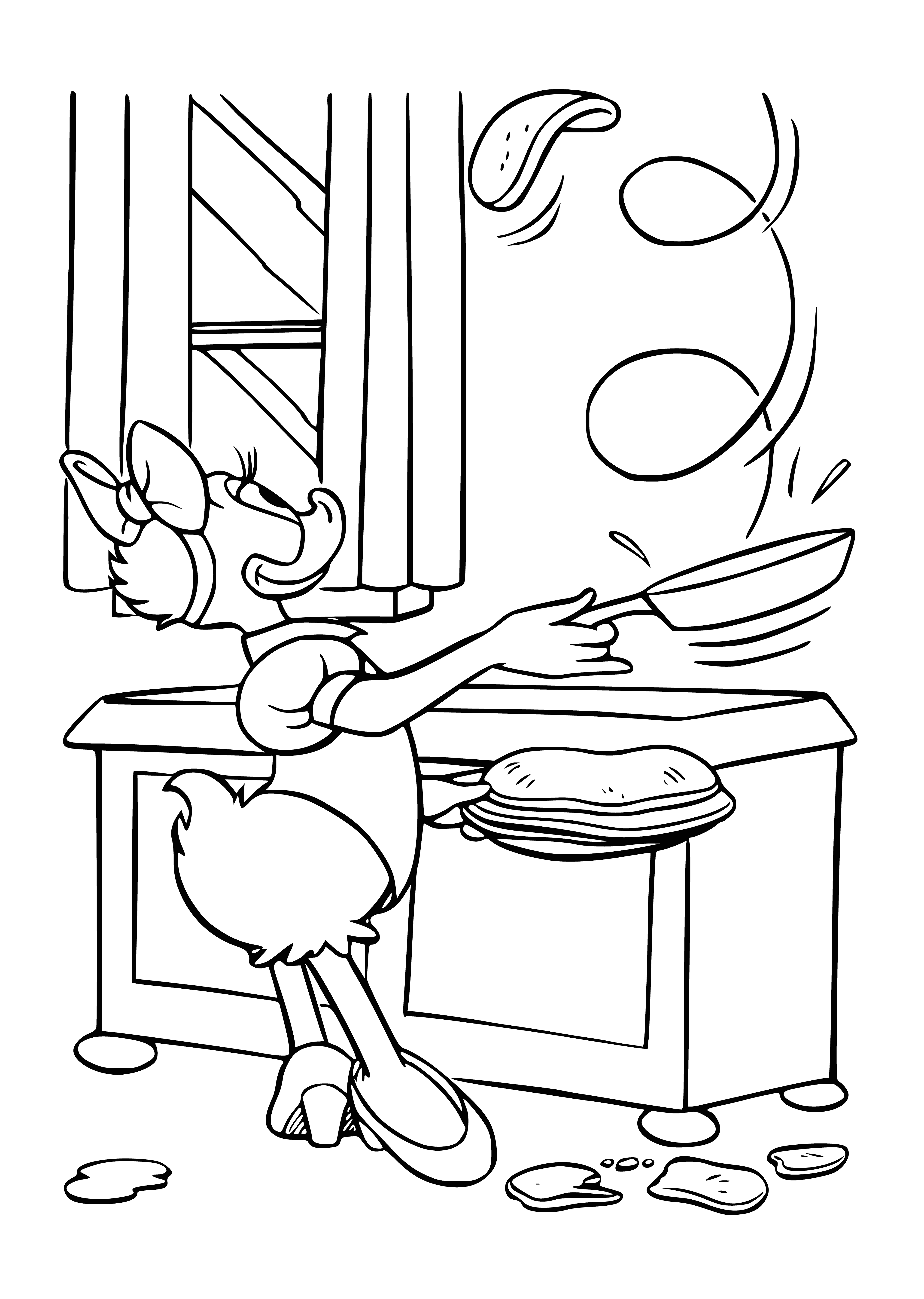 coloring page: Friends Mickey, Donald, & Goofy cooking pancakes & eating them. Mickey's ready to eat! #Disney
