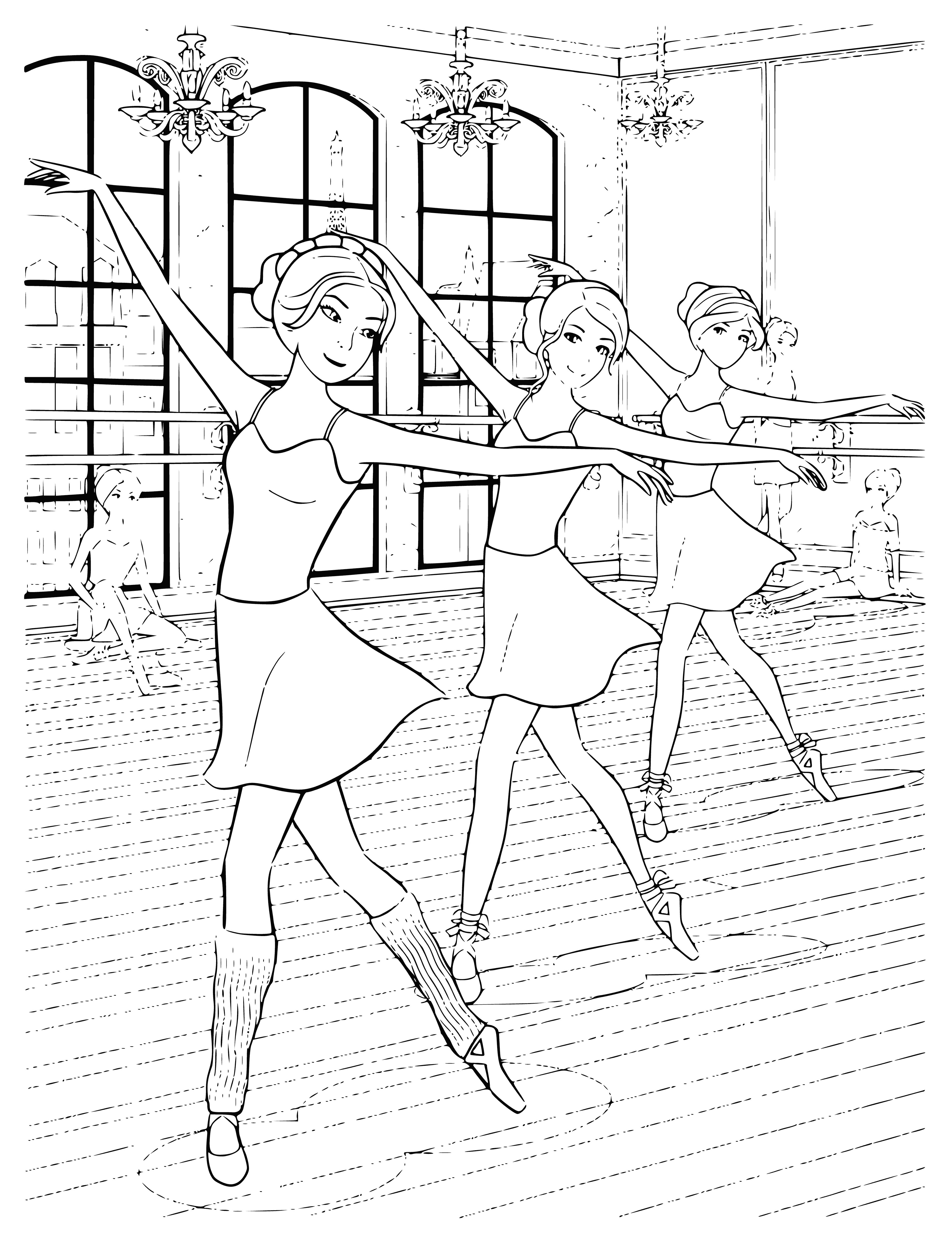 coloring page: Ten Barbie ballerinas at ballet rehearsal in pink tutus with different hair colors and standing in first position. #ballet #dolls