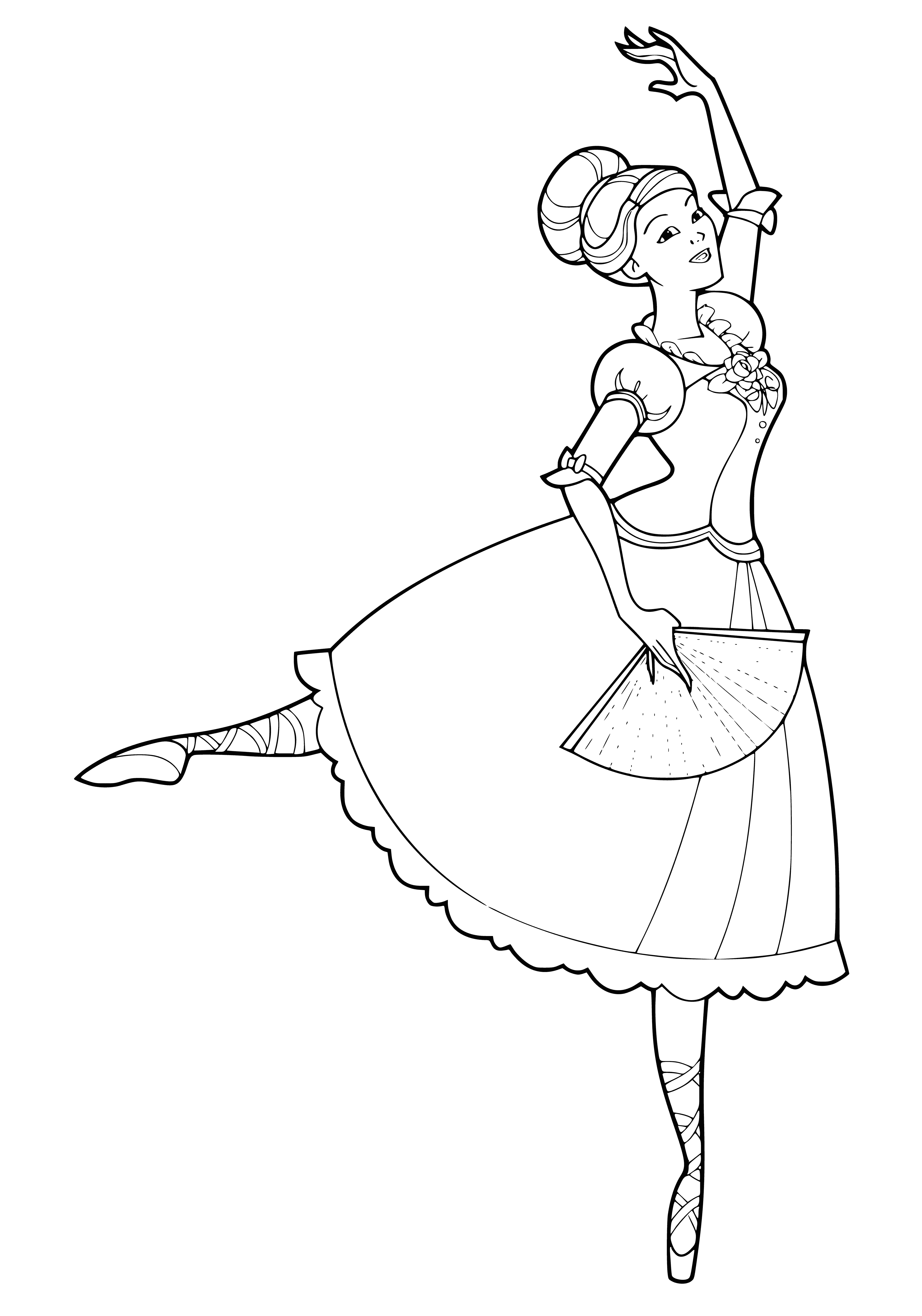coloring page: - 
Ballerina stands gracefully on one leg, fan in front of face, in white tutu and ballet slippers.