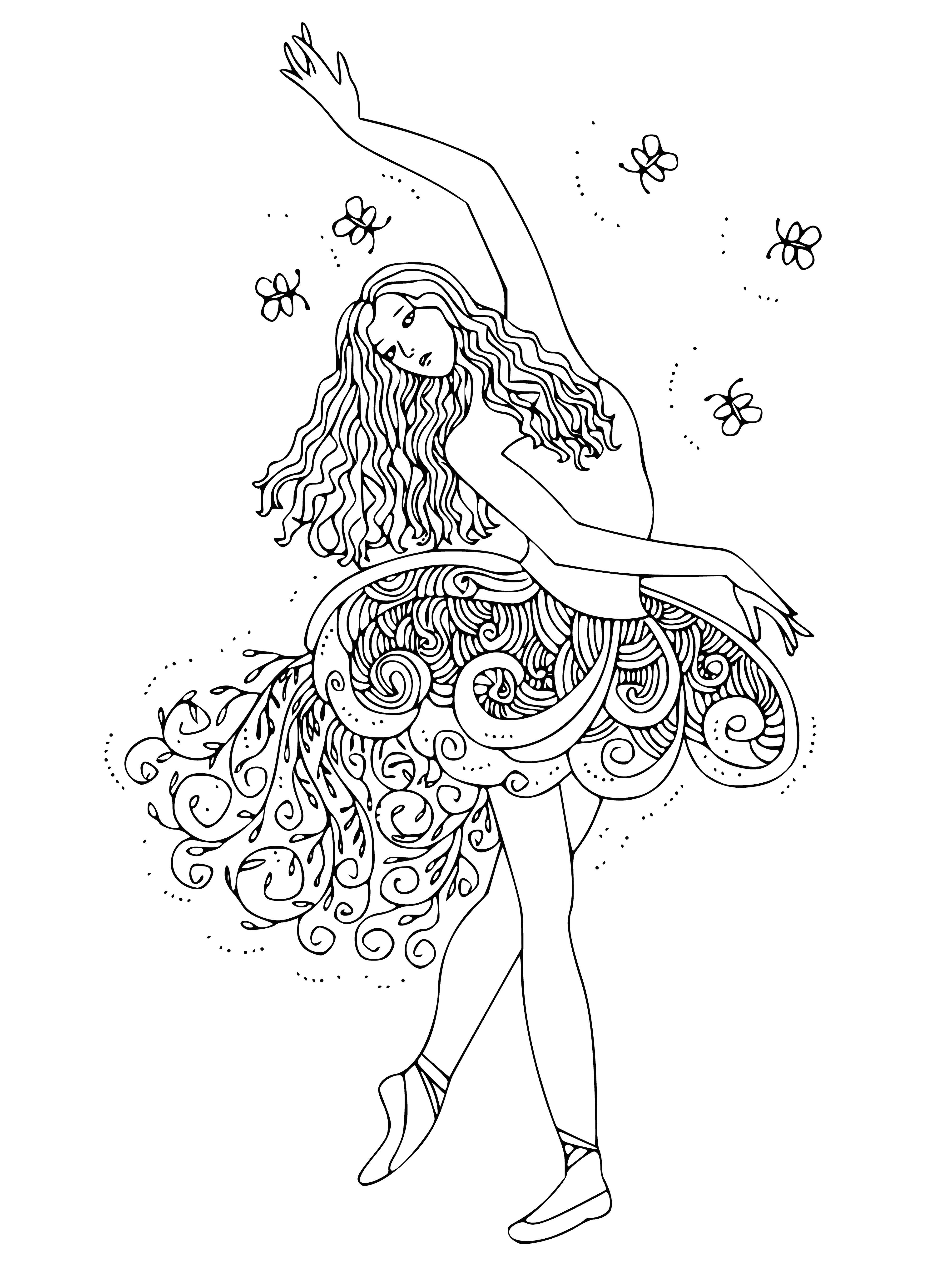 coloring page: Three ballerinas in tutus and pointes strike beautiful poses--two on their toes in the air, one kneeling on the ground with arms outstretched.