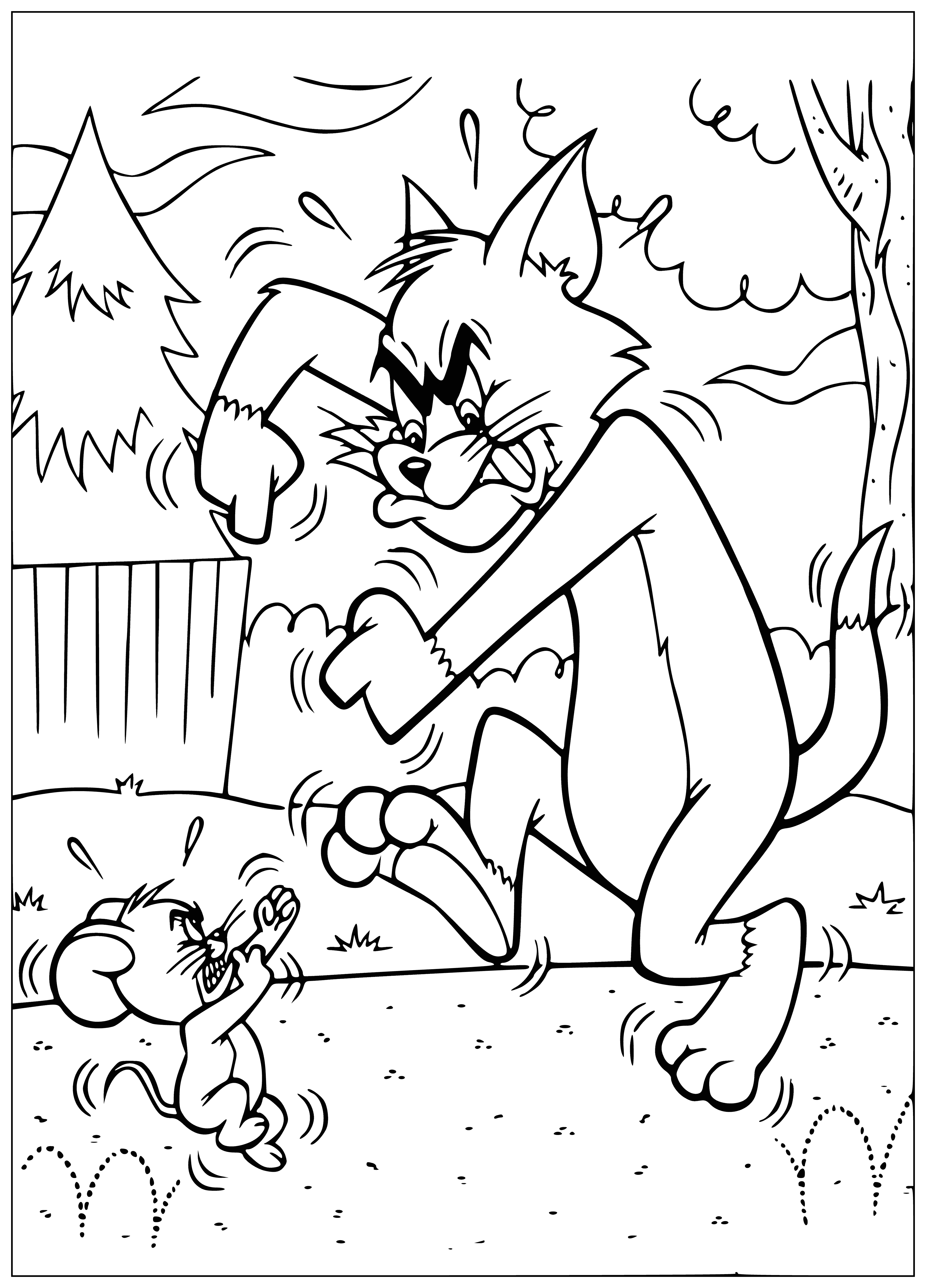 coloring page: Tom, a gray cat with white paws, is chasing a brown mouse named Jerry, who is attempting to evade him.