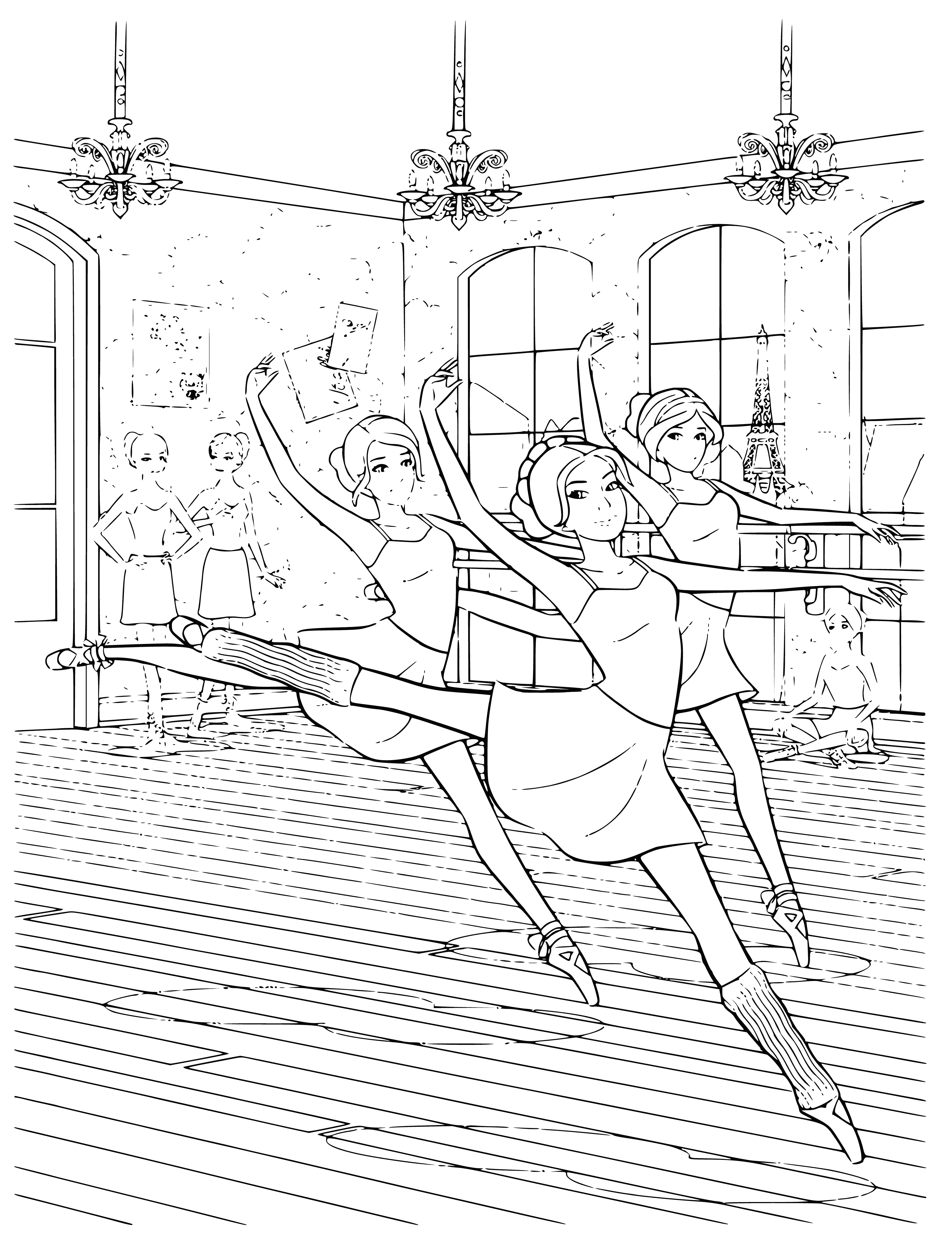 coloring page: Graceful ballerinas in white dancing with their hands in the air, eyes closed.