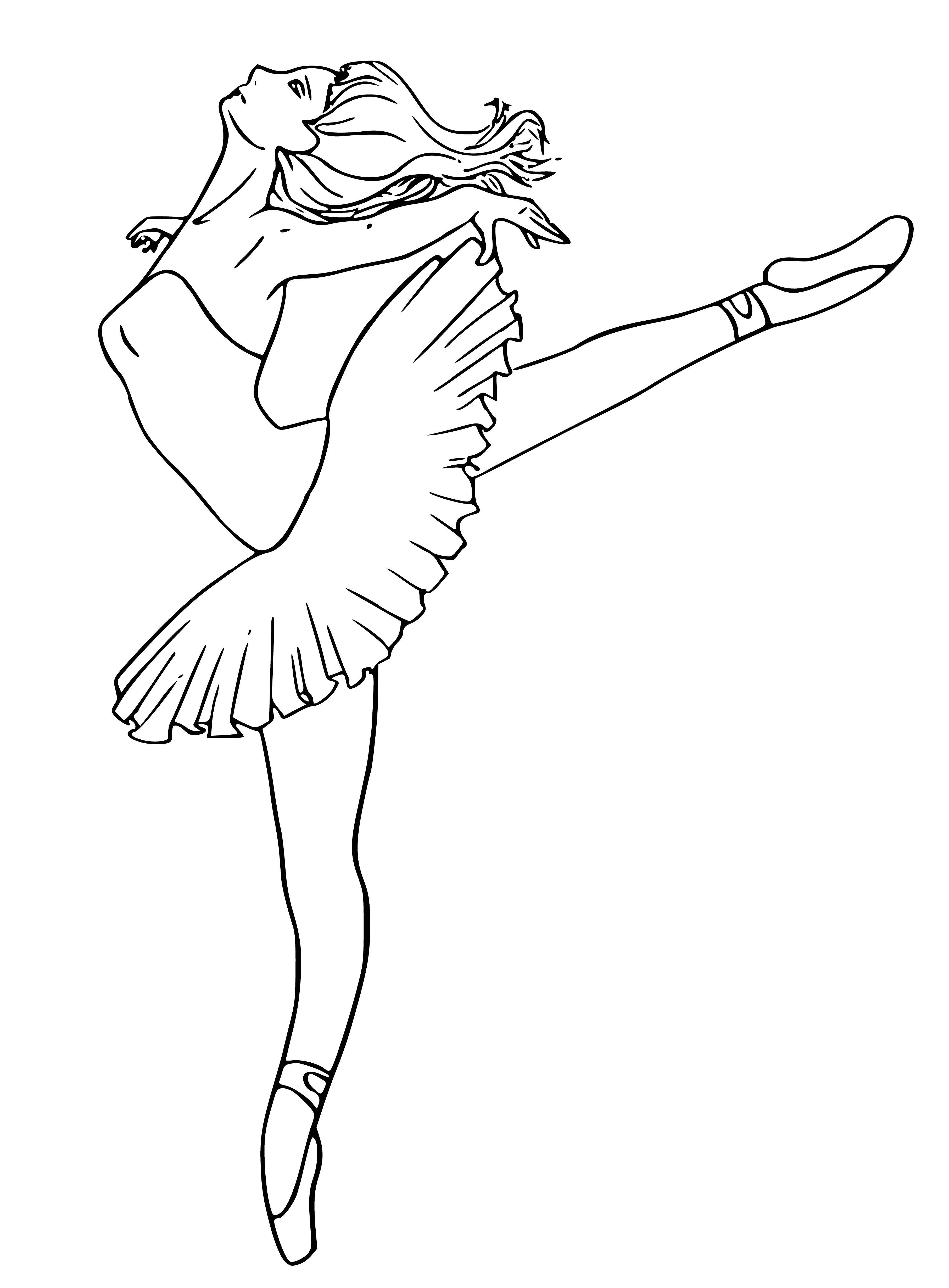 coloring page: A ballerina gracefully stands on her toes in a black tutu and tight bun, with extended arms.