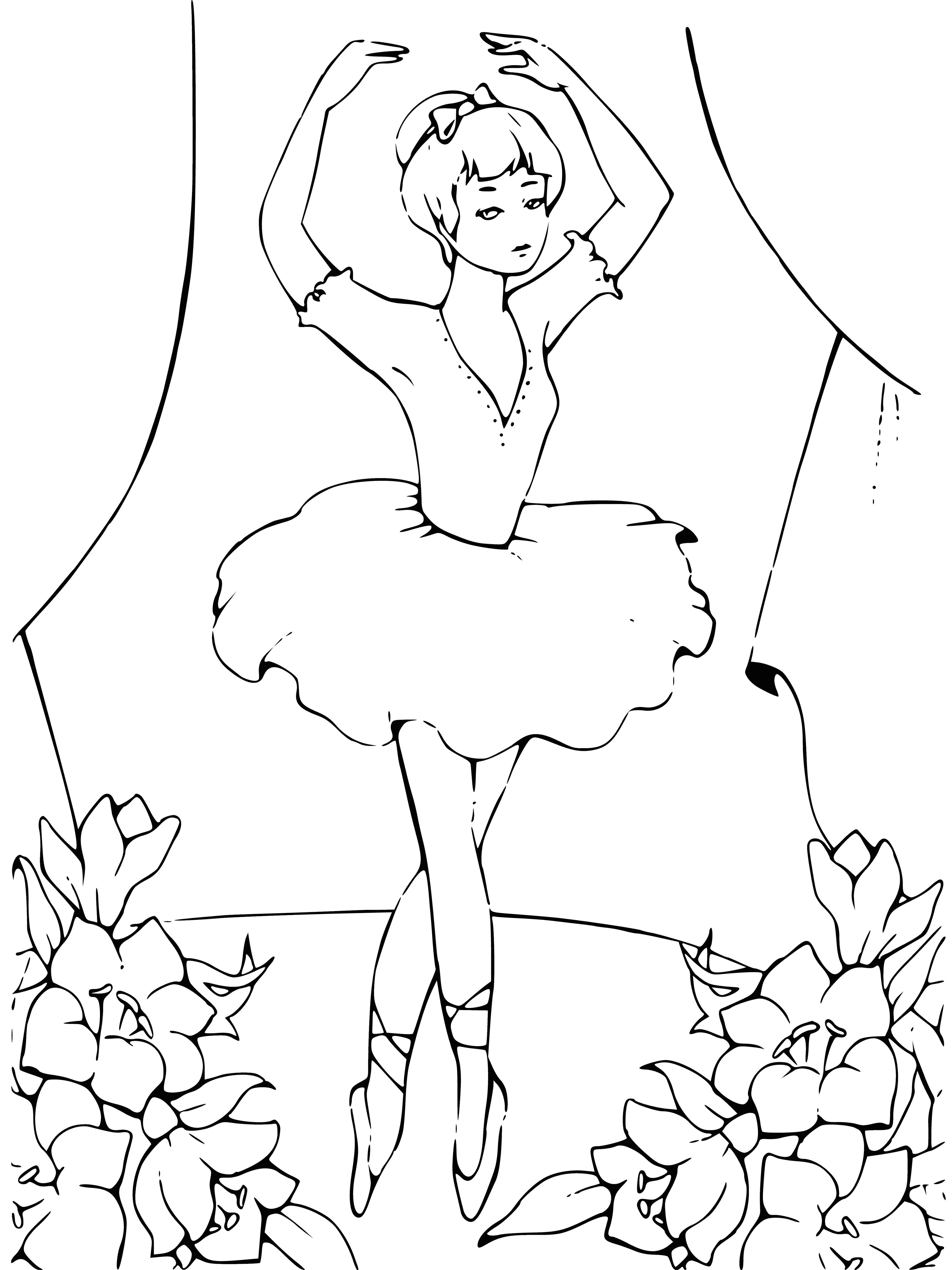 coloring page: Two ballerinas wearing white, hair in bun, one tiptoeing, other extending arms, both with serious look.