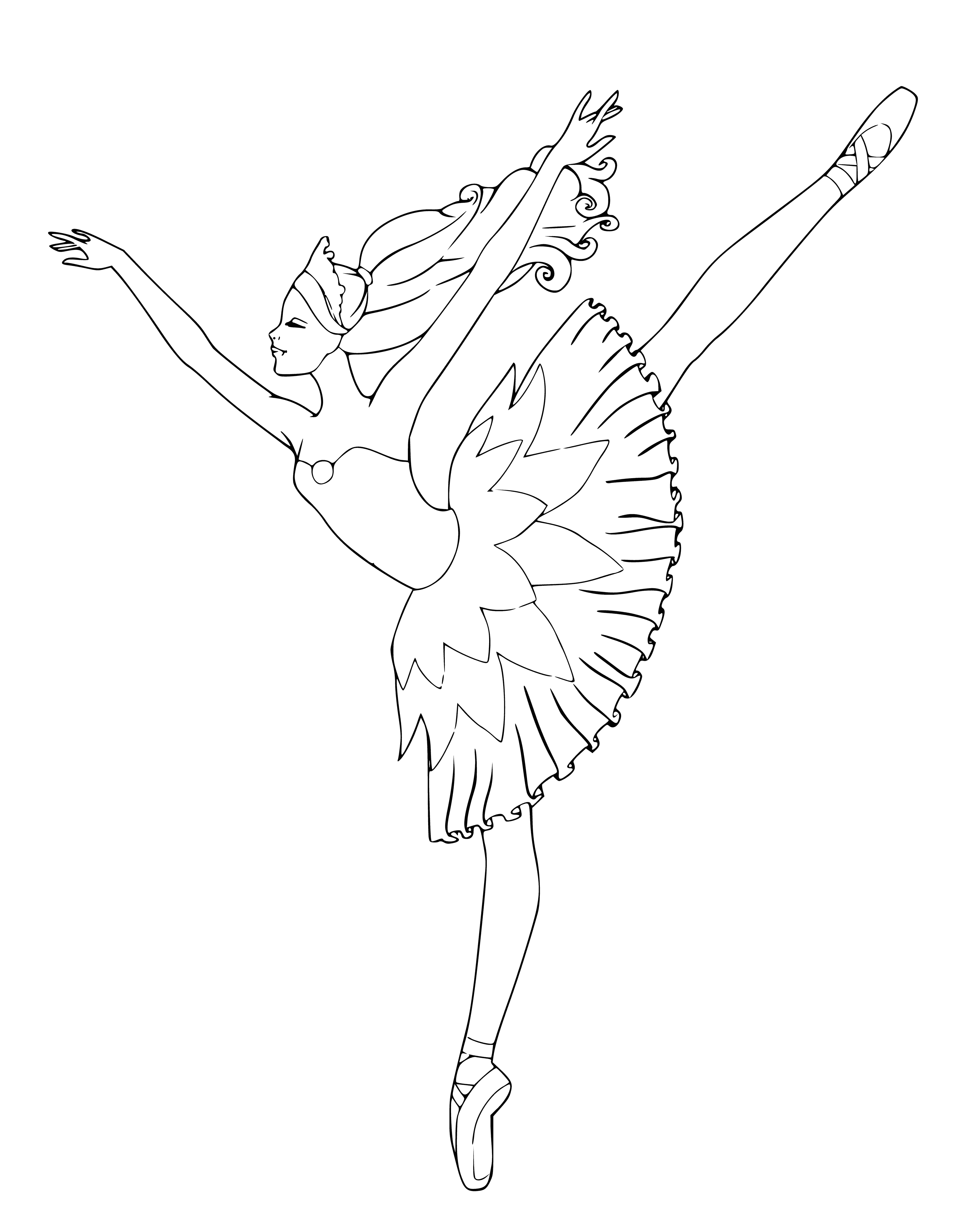 coloring page: Group of ballerinas performing on stage in tutus and pointe shoes; some dancing en pointe and others doing pirouettes; audience clapping and cheering. #ballerinas #dance
