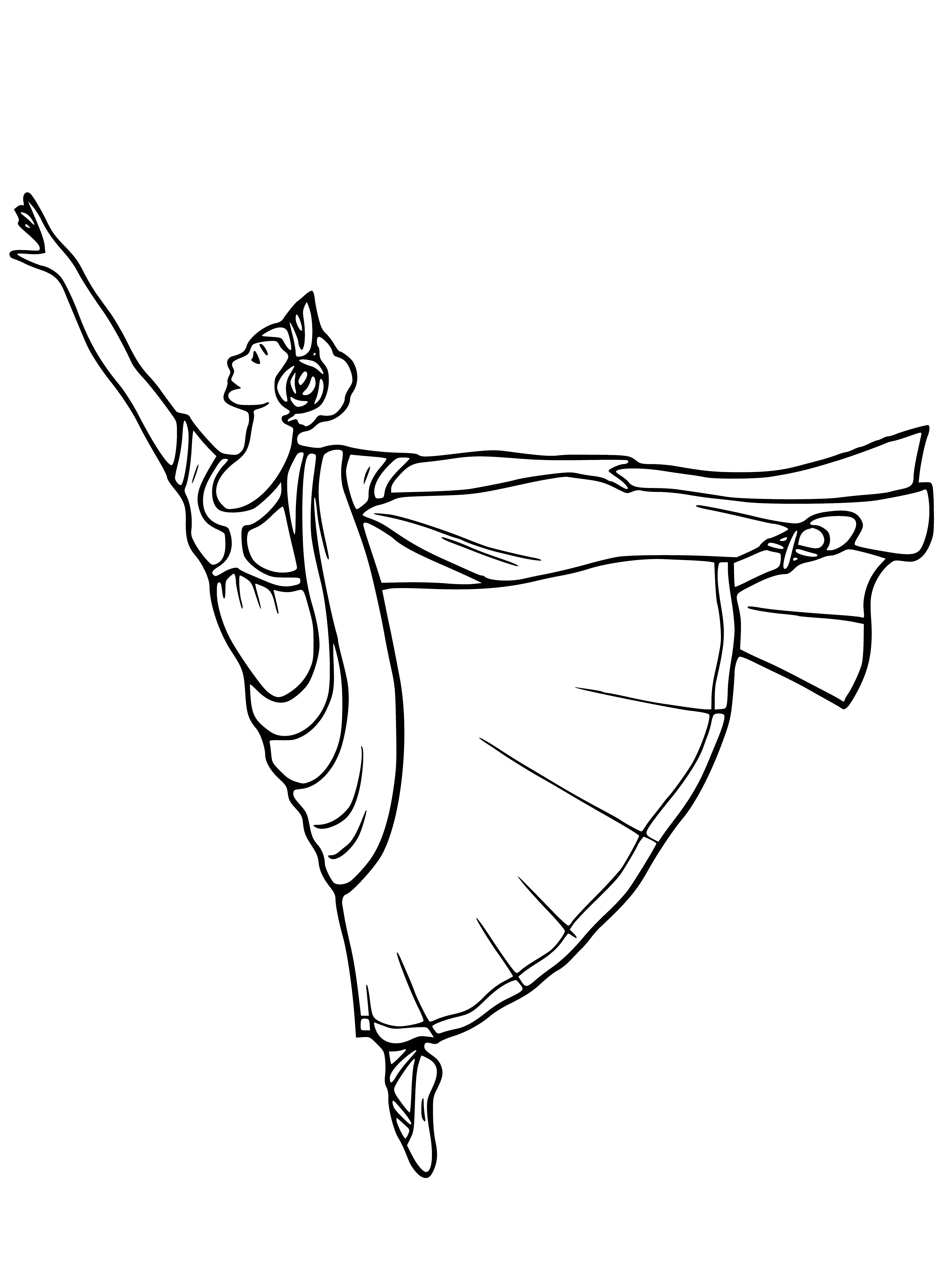 coloring page: Dancers in white tutus point toes in perfect formation, arms raised, hair pulled back, gracefully performing on stage. #ballet #elegance
