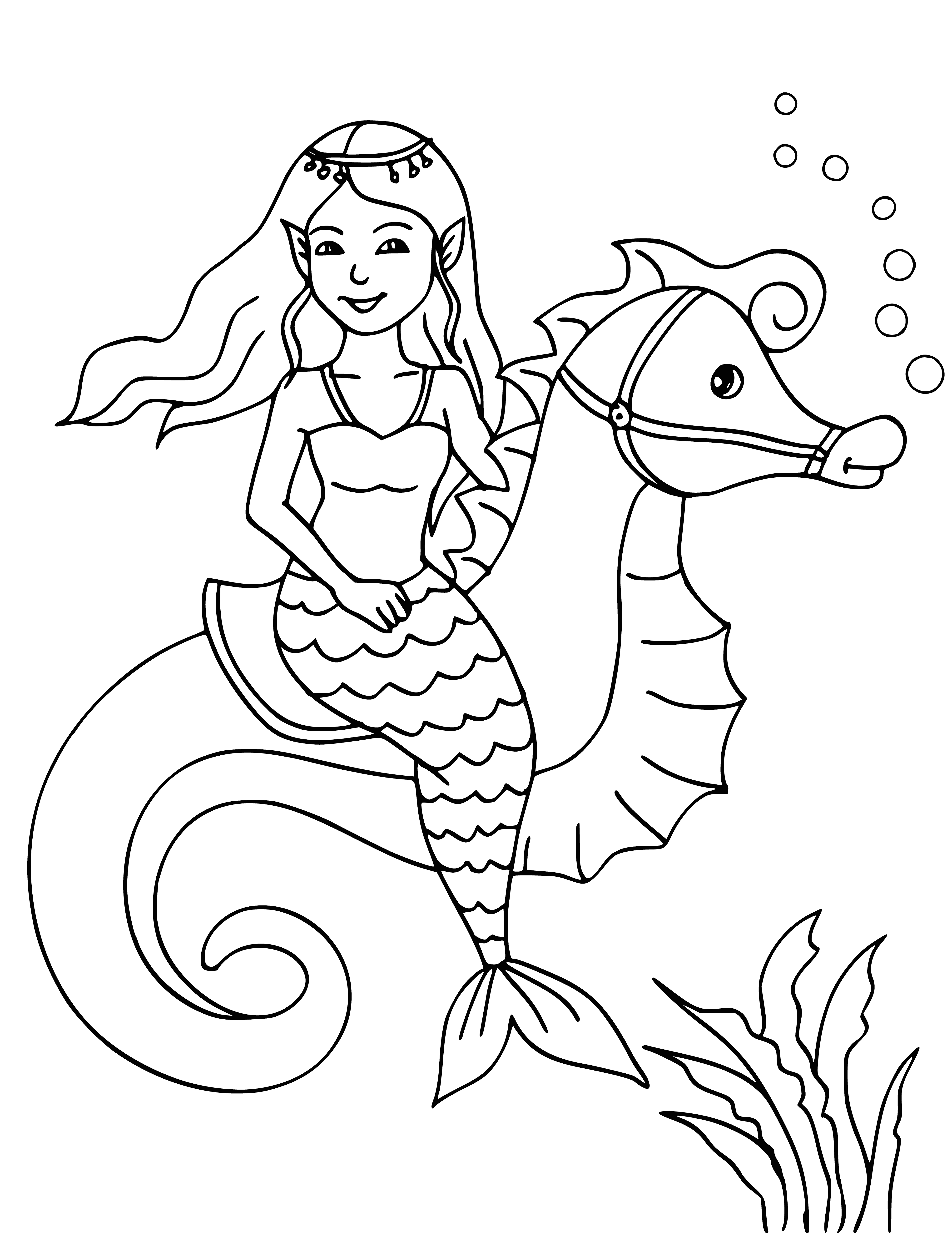 Mermaid and seahorse coloring page