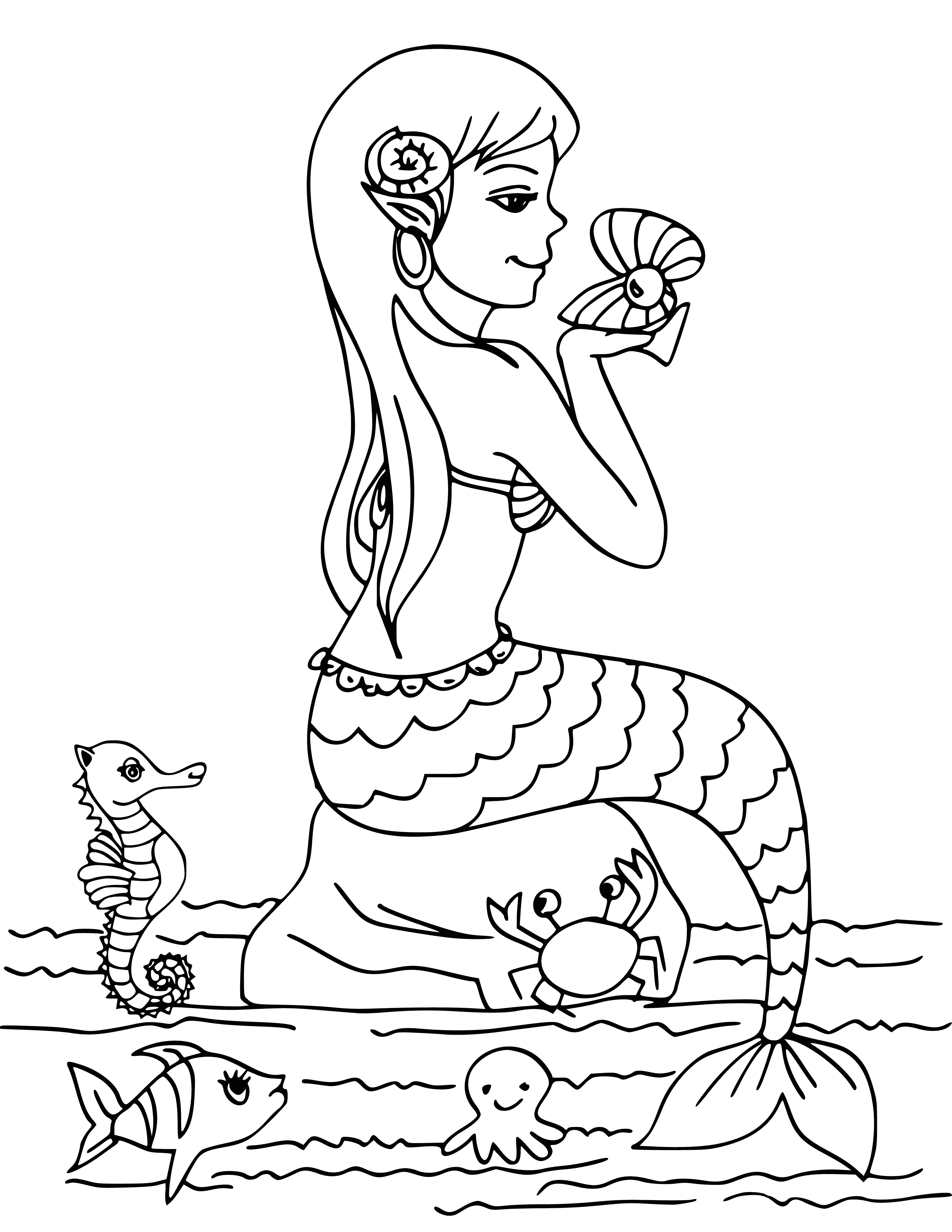 coloring page: Peaceful mermaid with pearl sits on rock in calm ocean; blonde hair & tail of fishes make her serene.