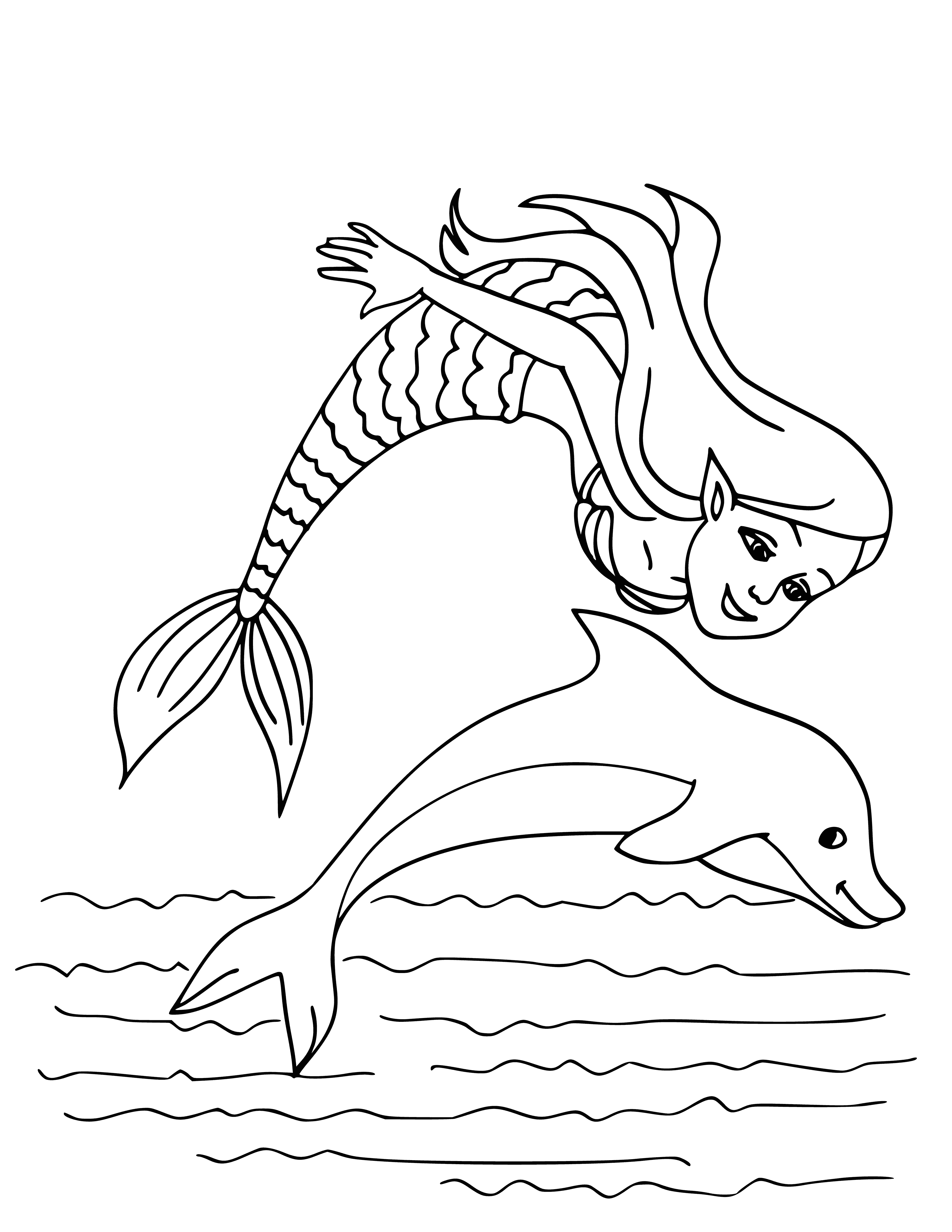 coloring page: Mermaids & dolphins swim & play together; all appear happy & enjoying each other.