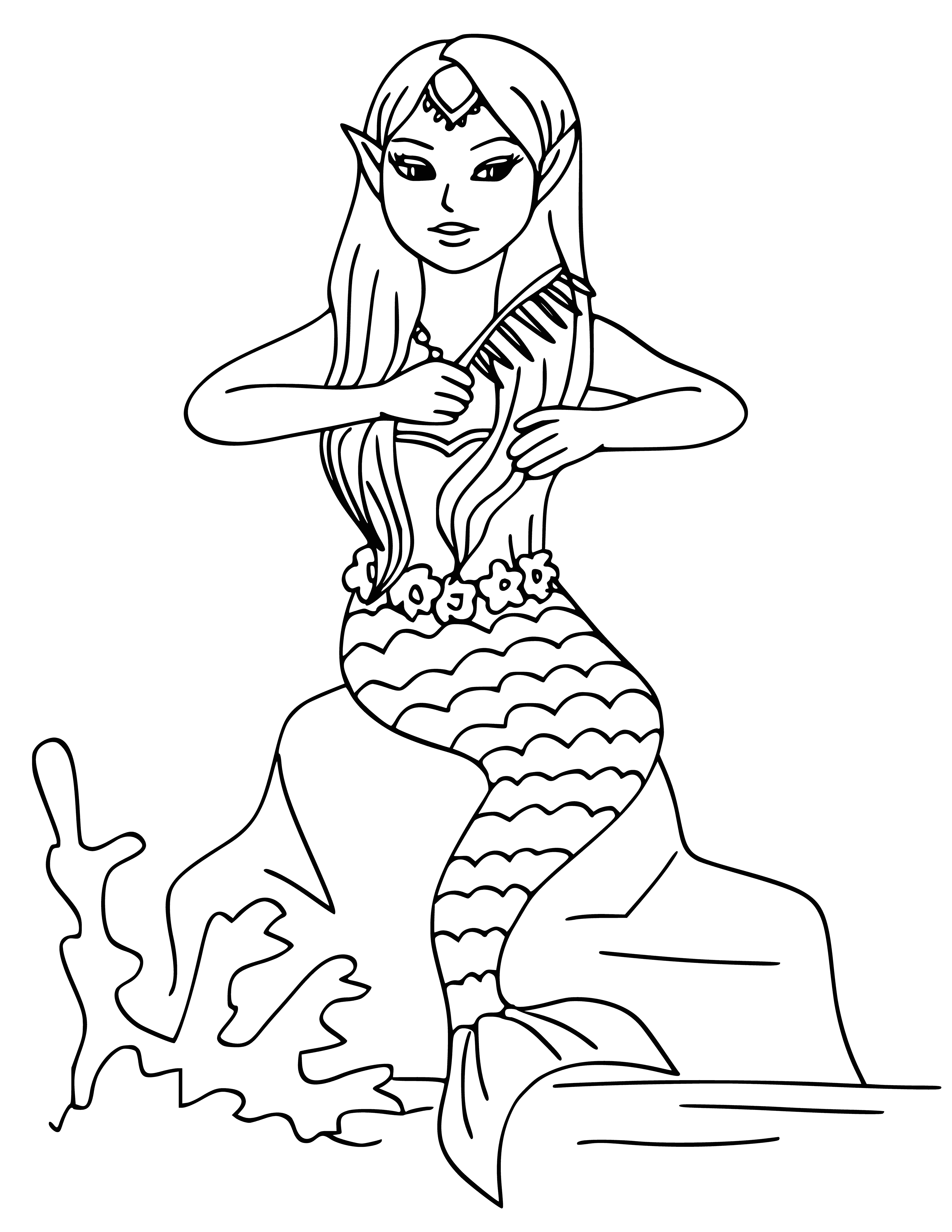 coloring page: Mermaid combs her long, golden hair with a pearl comb; wears a jeweled crown & pearl necklace.