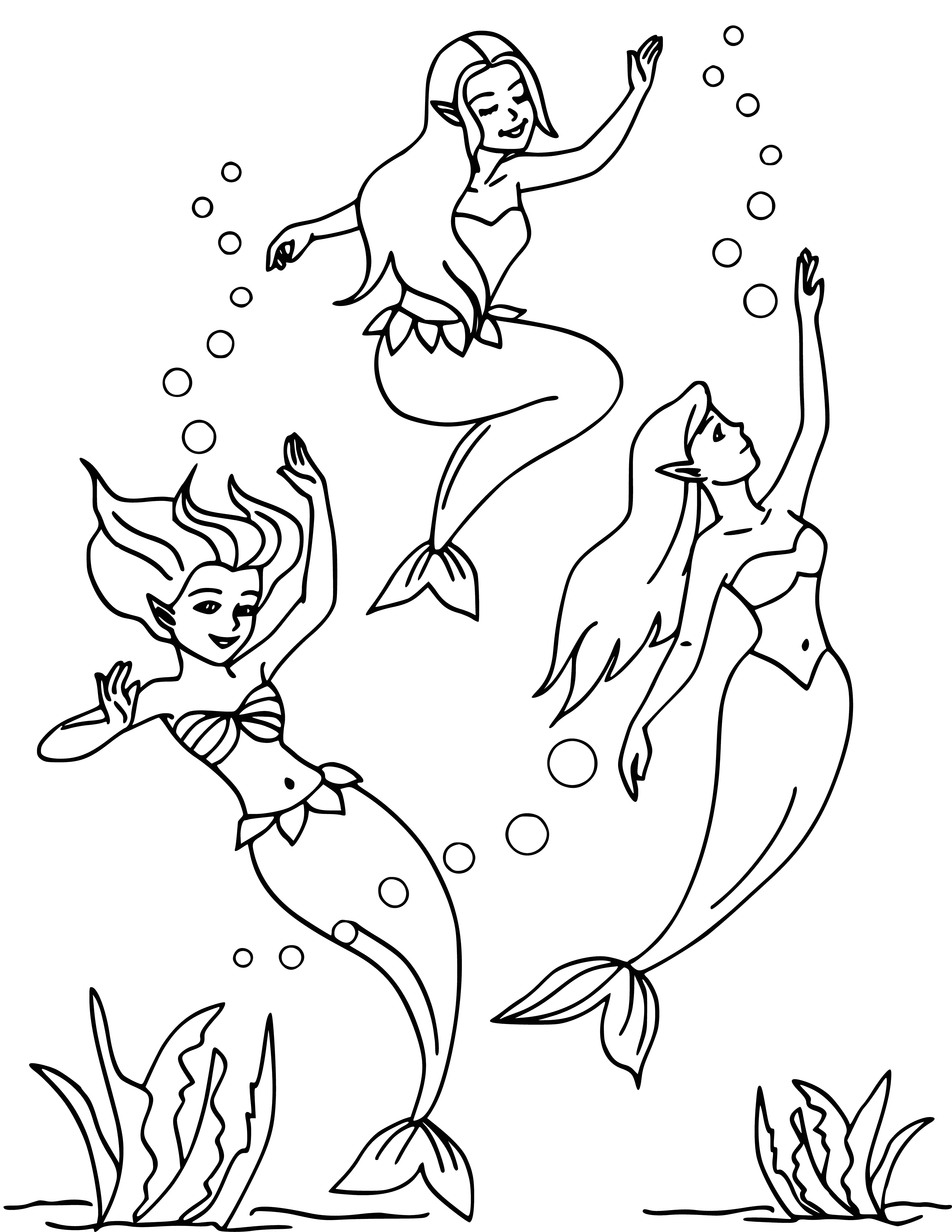 coloring page: Three beautiful sirens sing, lure sailors to a watery death. Beware the song of the sea!