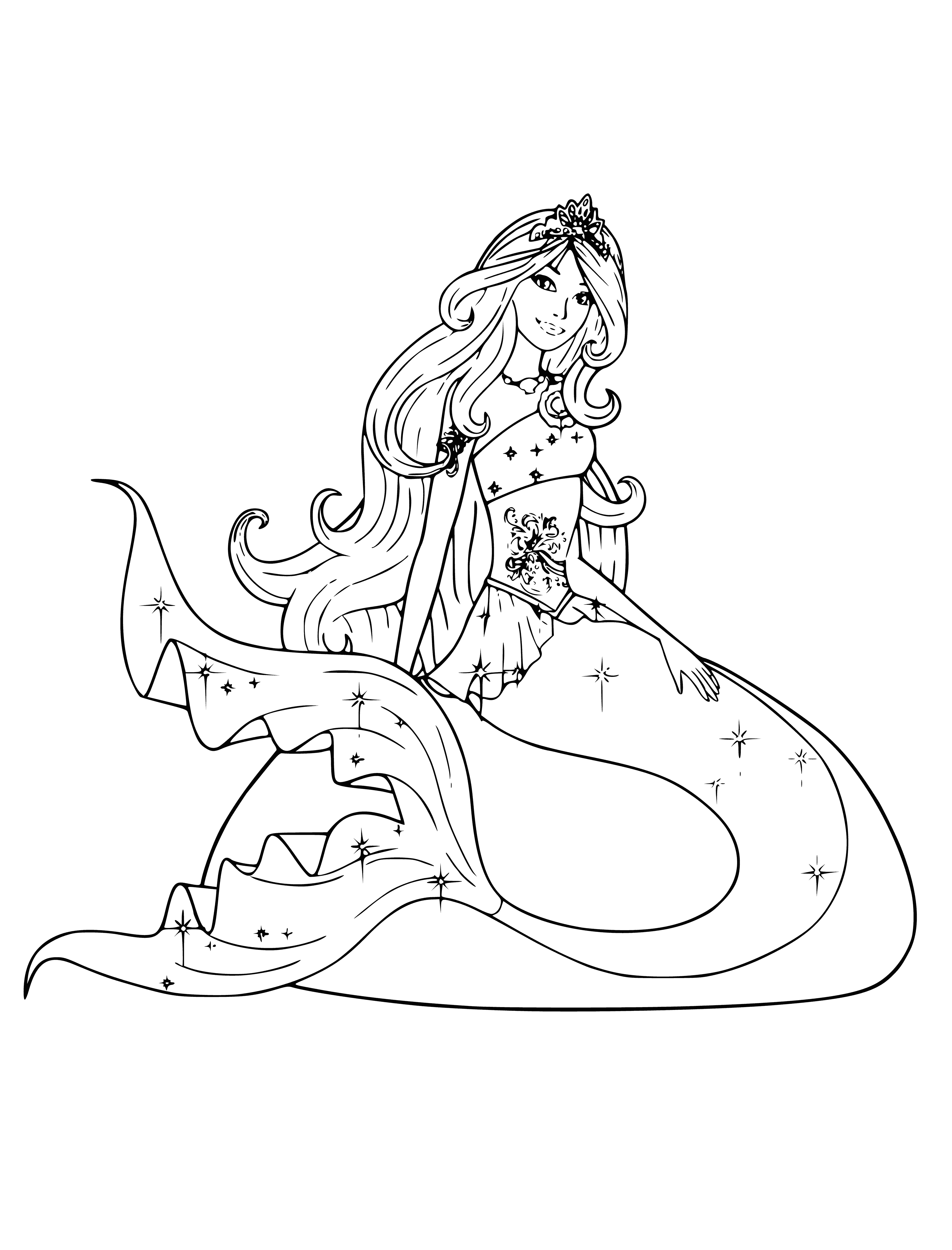 coloring page: Beautiful Barbie mermaid princess with a pink seashell bra and a purple starfish on her head, sitting on a rock in the ocean with green seaweed and pink coral.