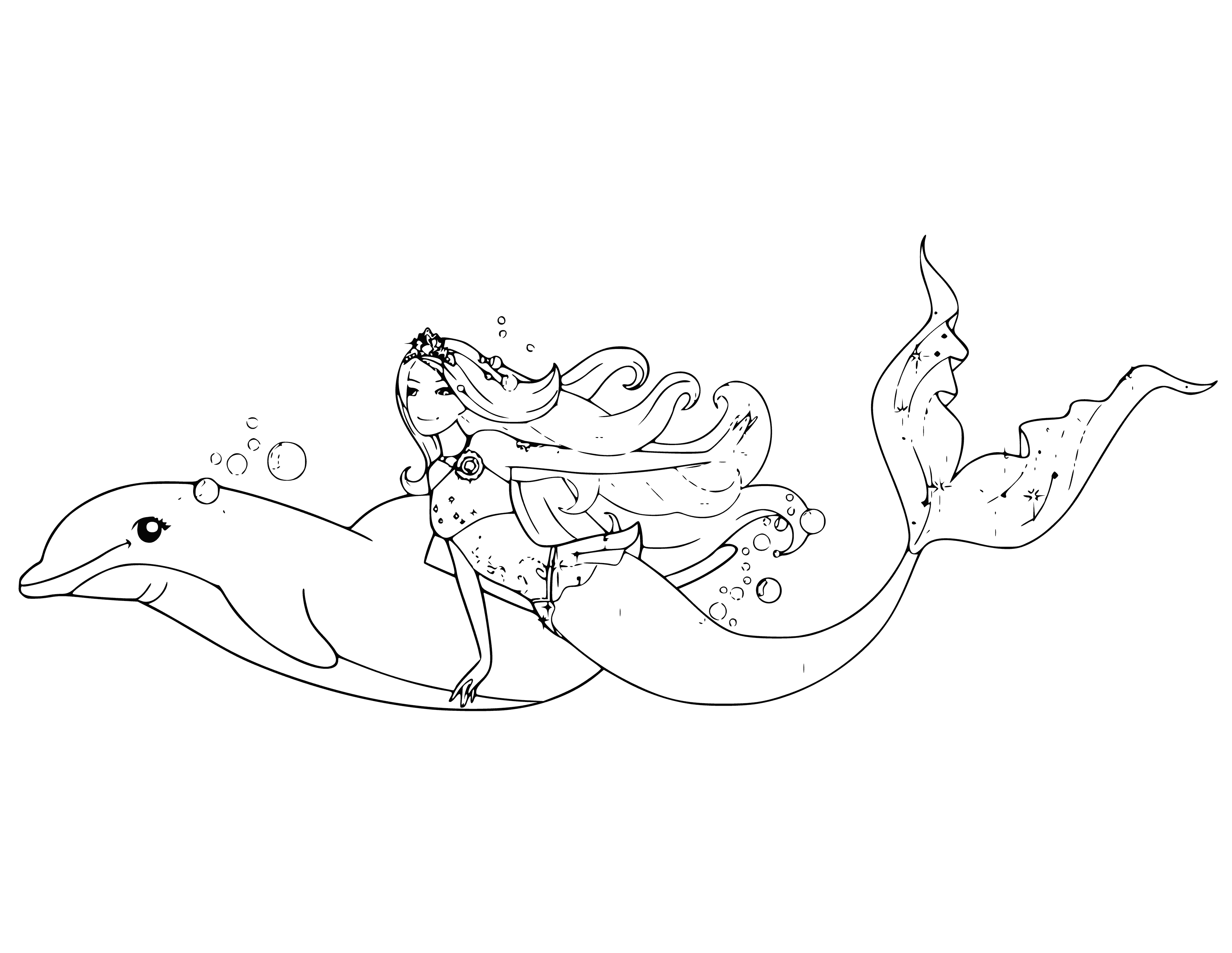 coloring page: Barbie is a happy mermaid surrounded by dancing dolphins. Wearing a pink seashell bikini and necklace, she takes in the underwater beauty.