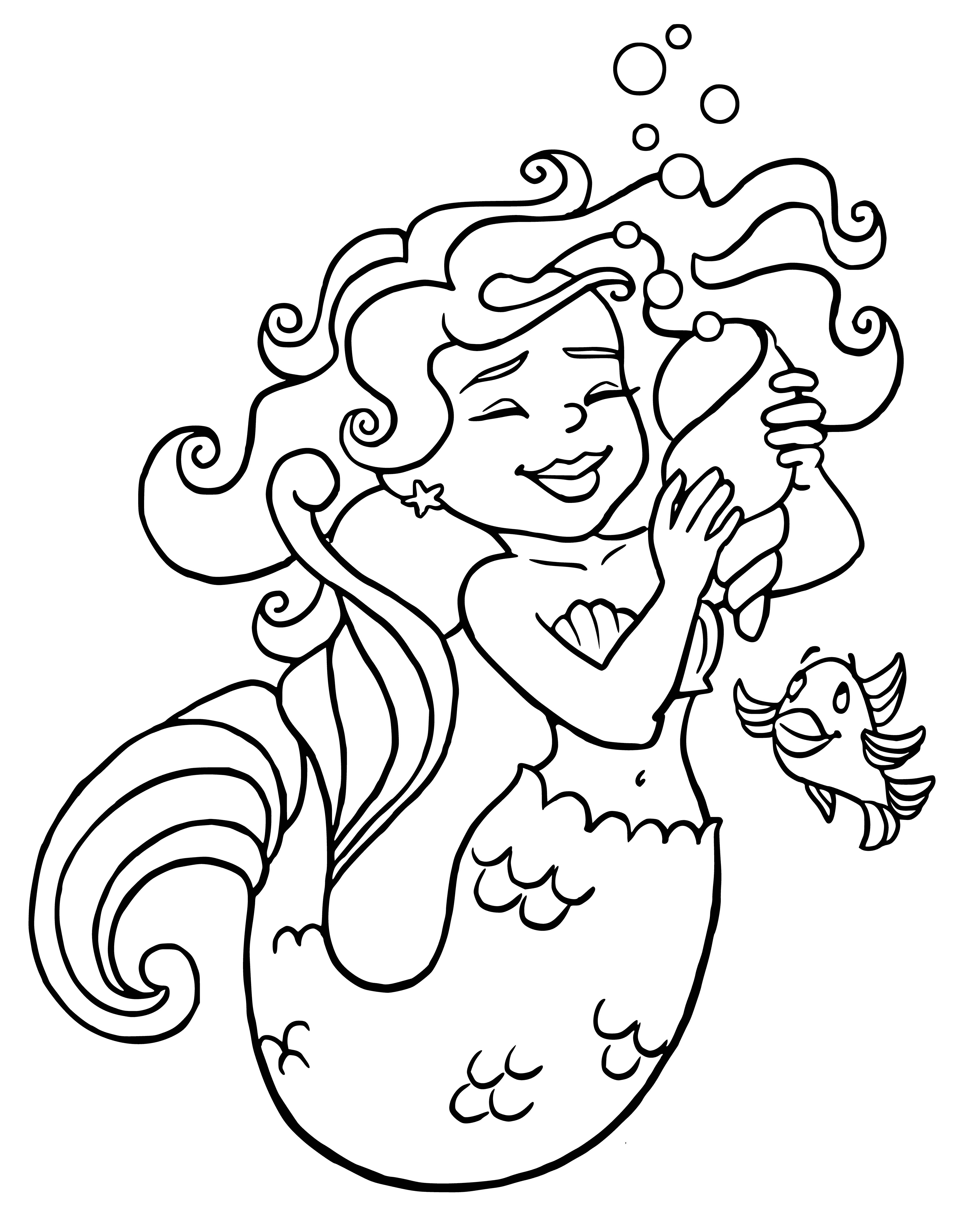 coloring page: Mermaid sits on rock in water, tail submerged, long blonde hair flowing down her back. #MermaidLife