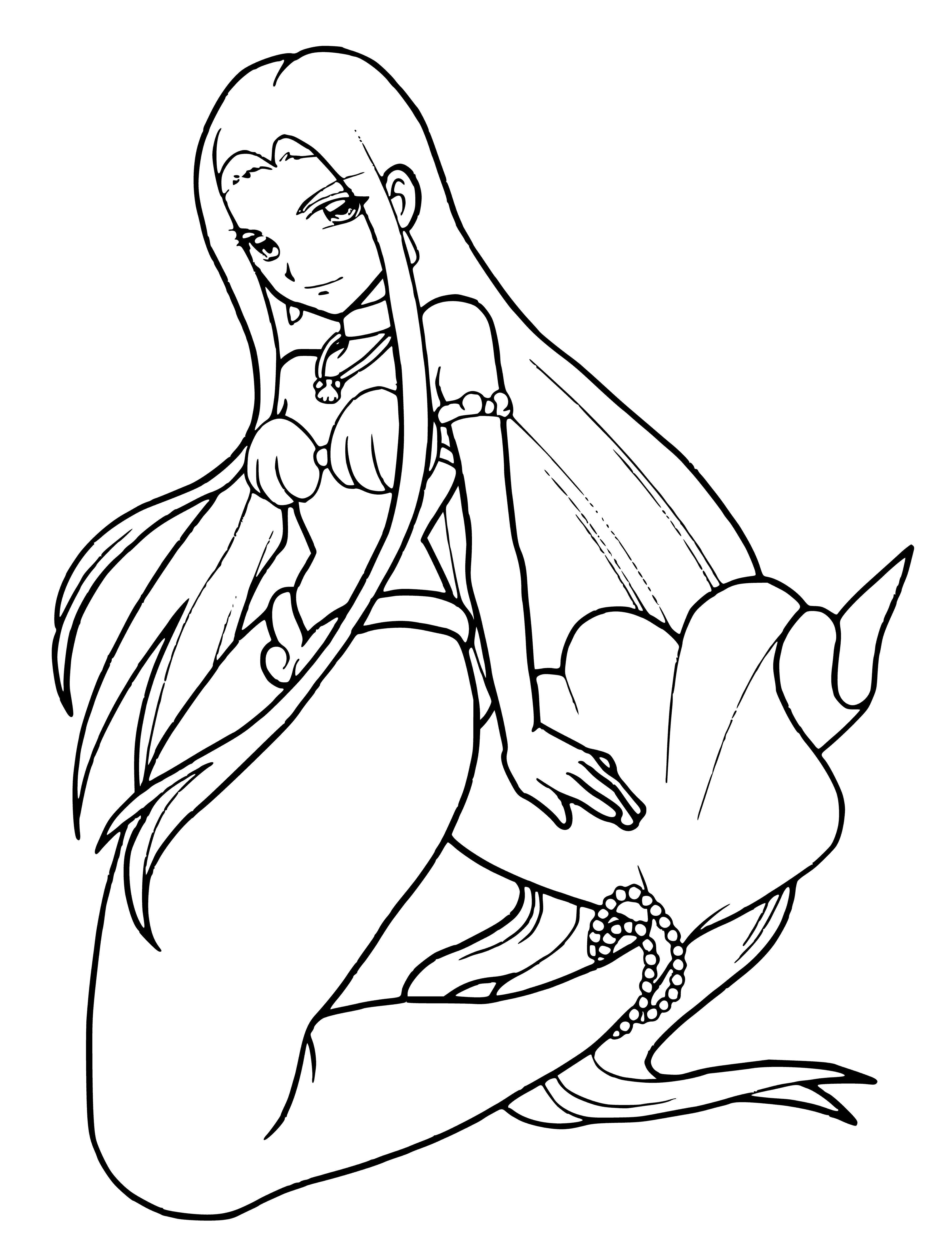 coloring page: Mermaids with female upper body and fishtail sit in a lagoon, combing their hair and singing. Ship in background sailing the ocean.