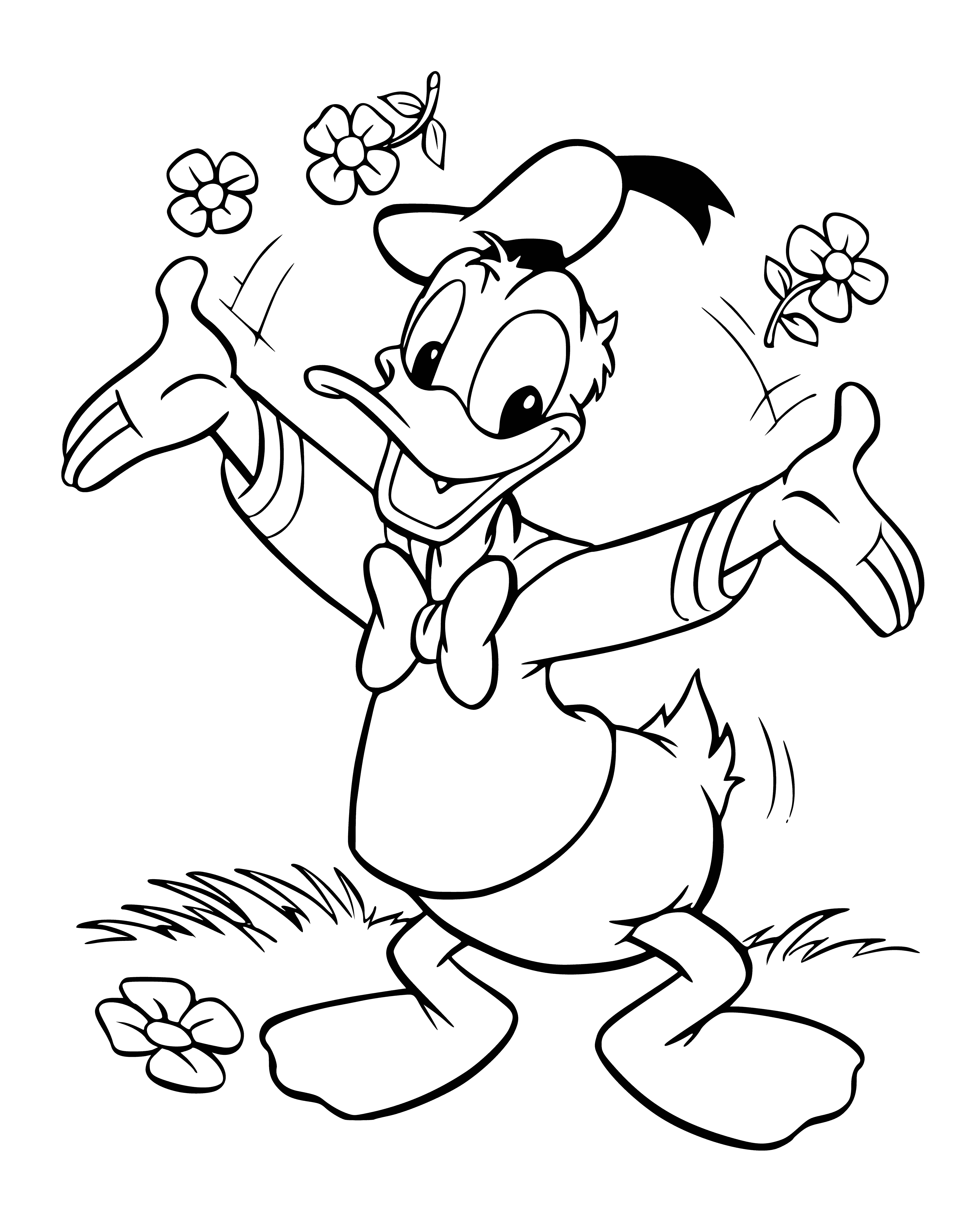 coloring page: Donald Duck is a cartoon character renowned for his speech, temper & polka dotted feet wearing a sailor shirt & cap with a bow tie.