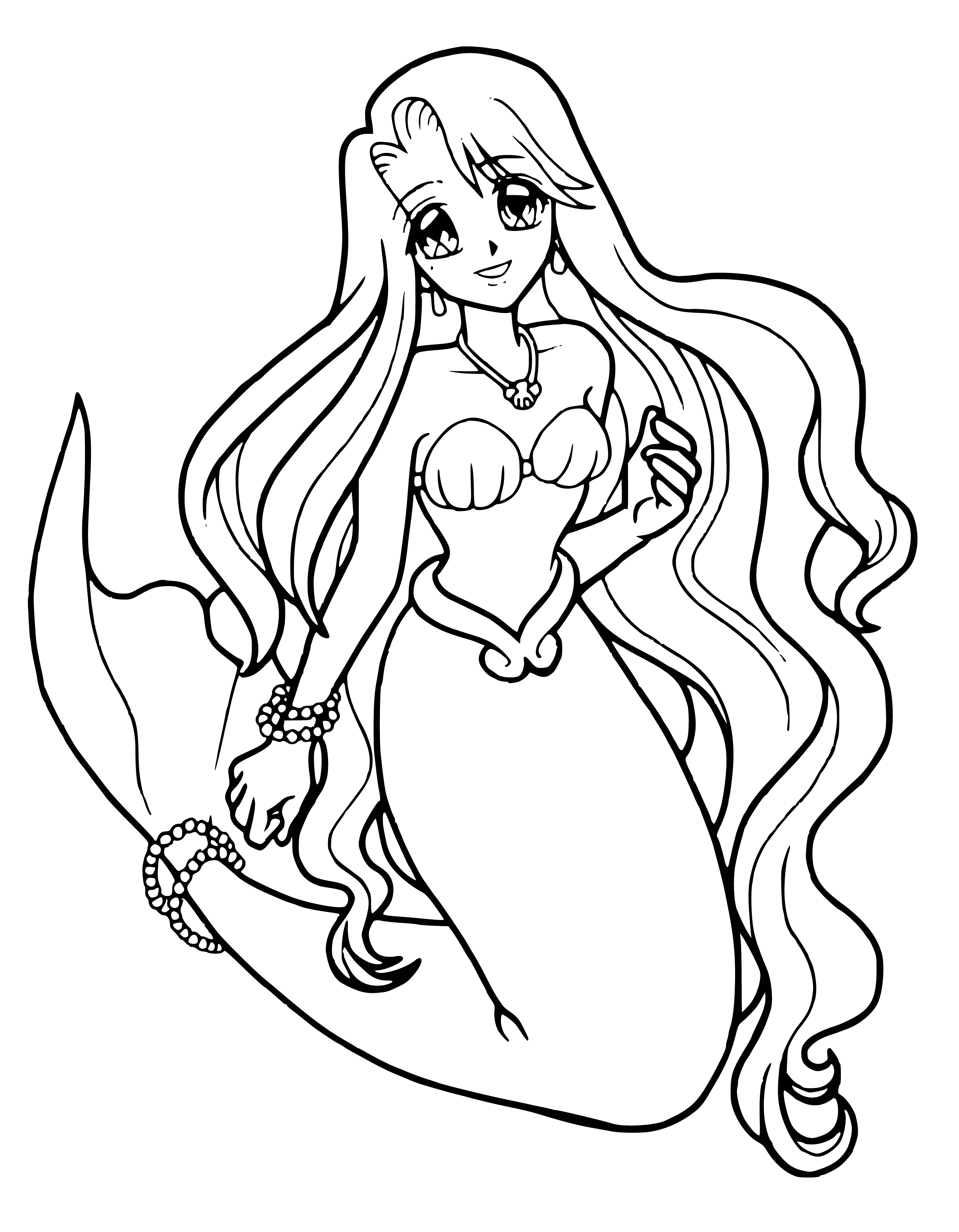 coloring page: Mermaid with long, flowing hair in shades of blue and green, slim body, pale skin, beautiful face, deep piercing eyes, and shimmering finned tail. Swims gracefully, captivating all who see her.