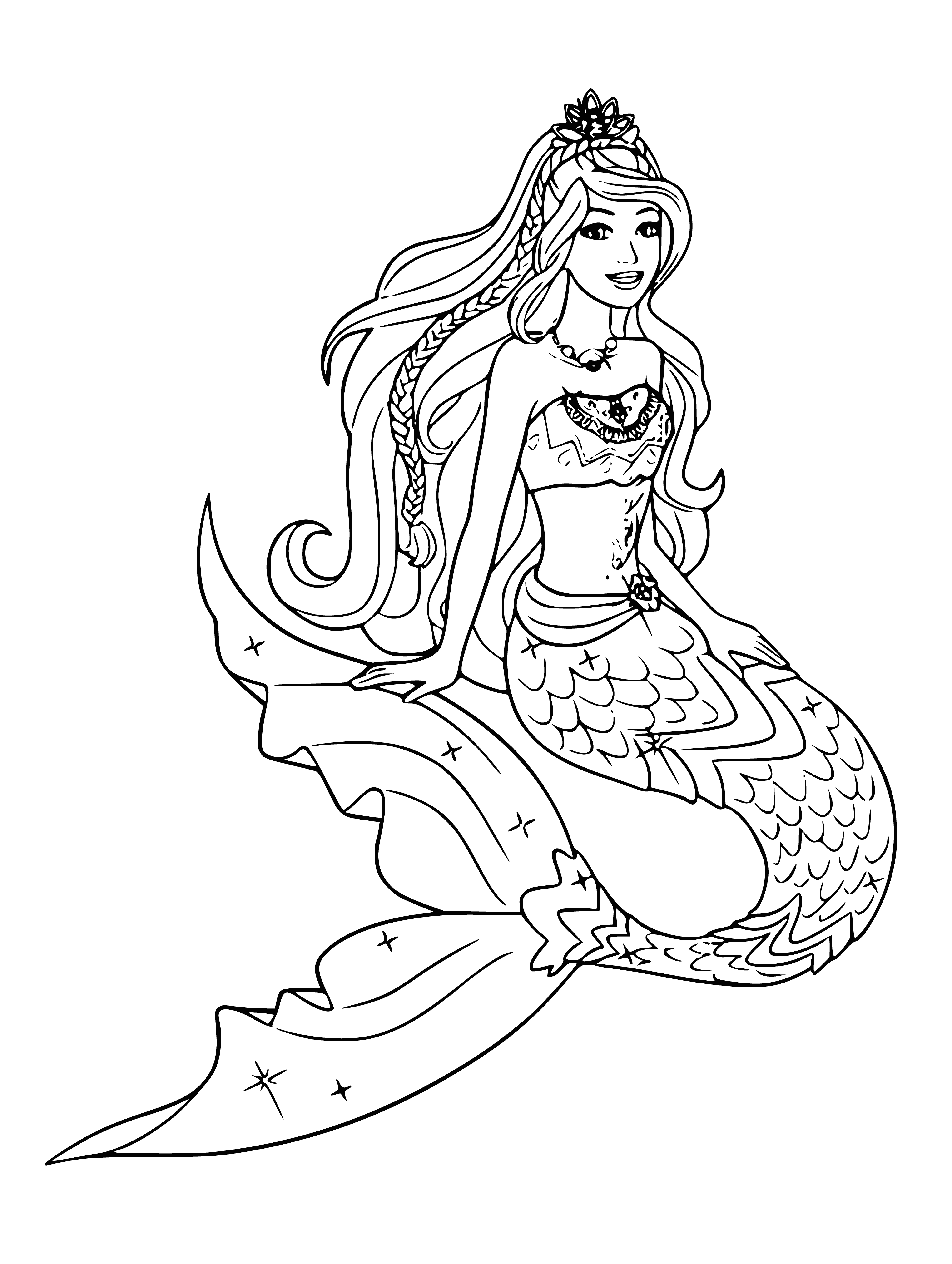 coloring page: Barbie the Little Mermaid is beautiful and sits on a coral reef with her arms raised, wearing a pink bikini and purple clam-shell necklace, with a happy fish swimming around her.