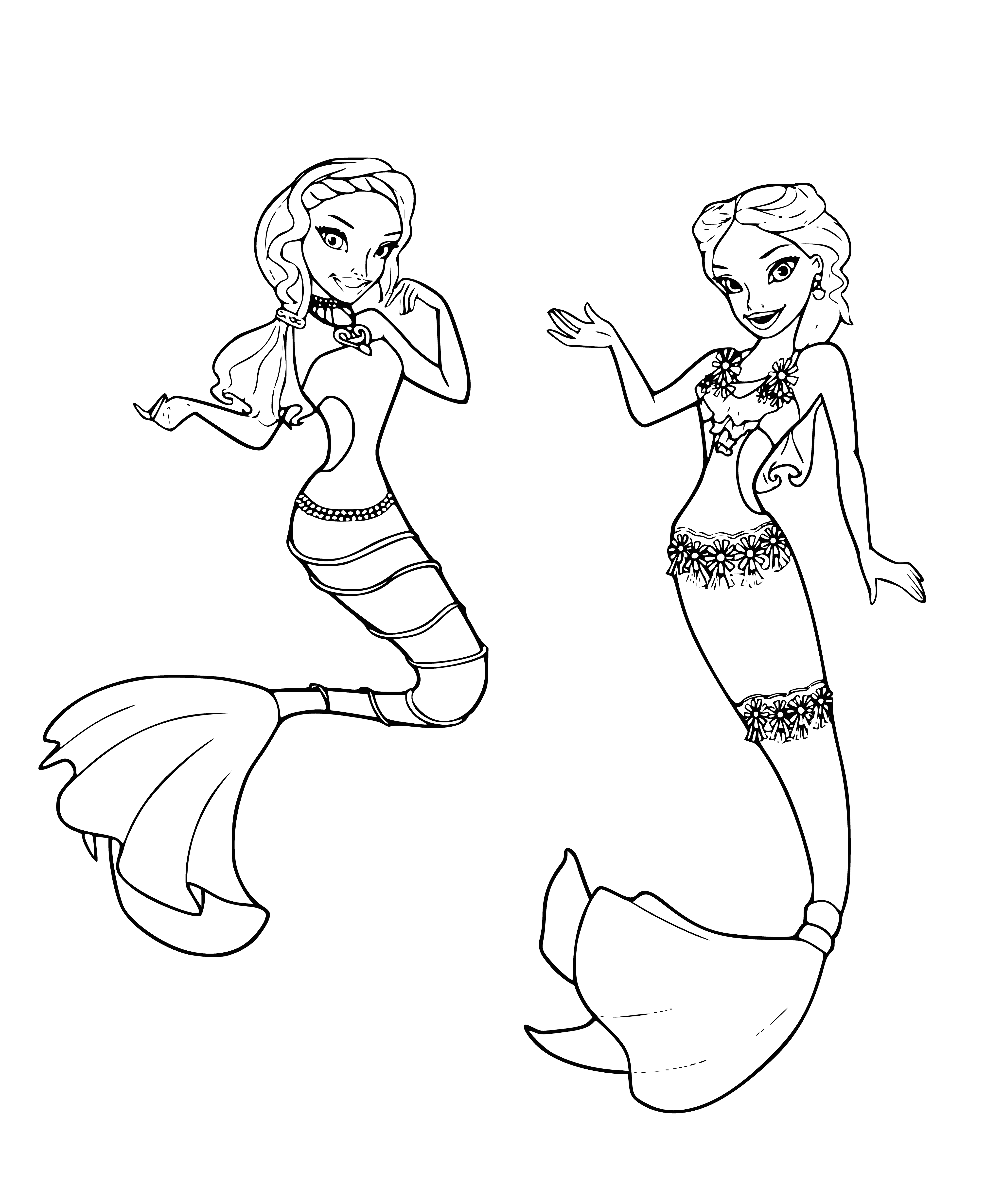 coloring page: Three mermaids holding hands in circle: blue, green and purple tails, wearing jewelry and crowns. #mermaids #coloringpages