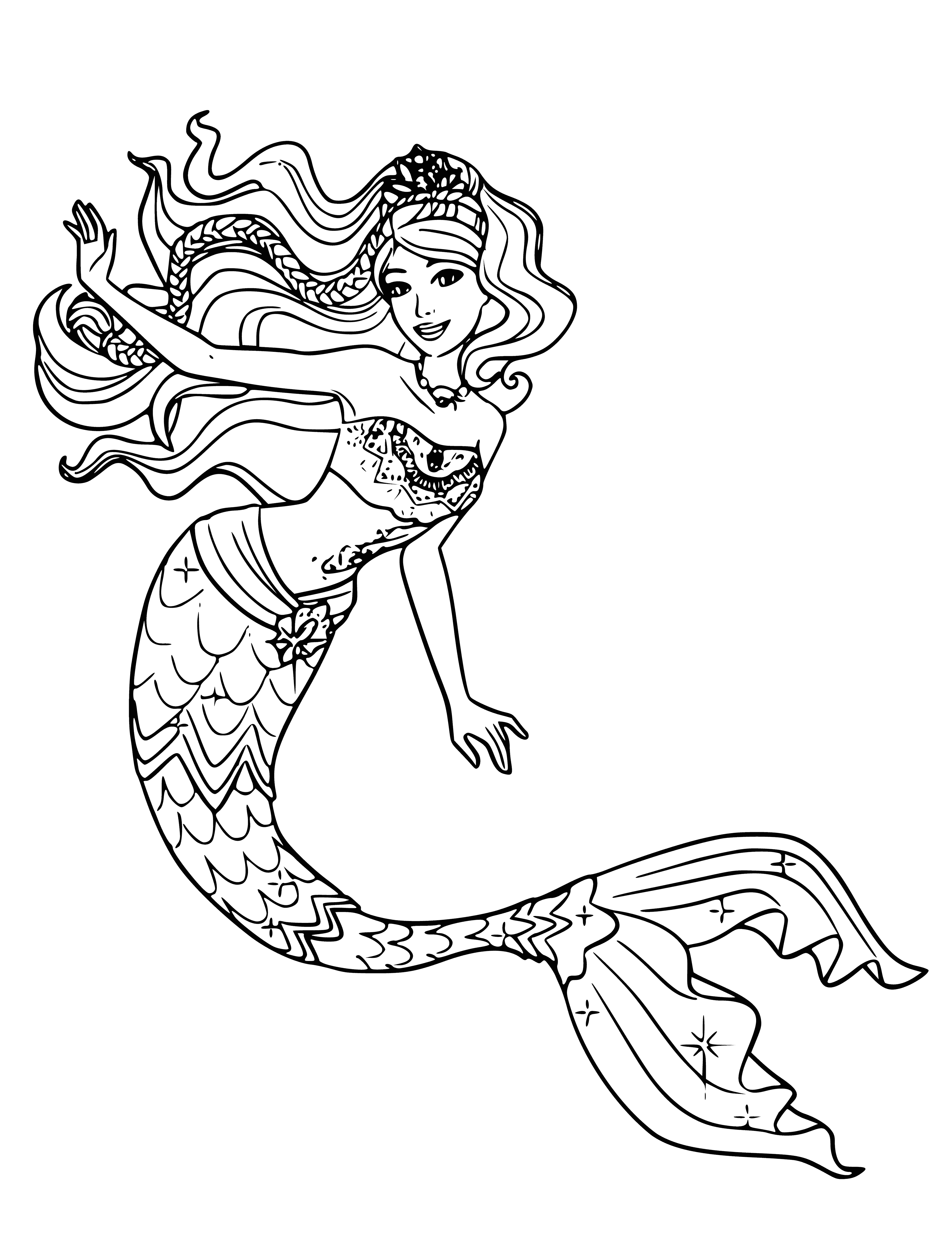 coloring page: A group of mermaids gather around their queen, wearing fins, shells, and a crown.
