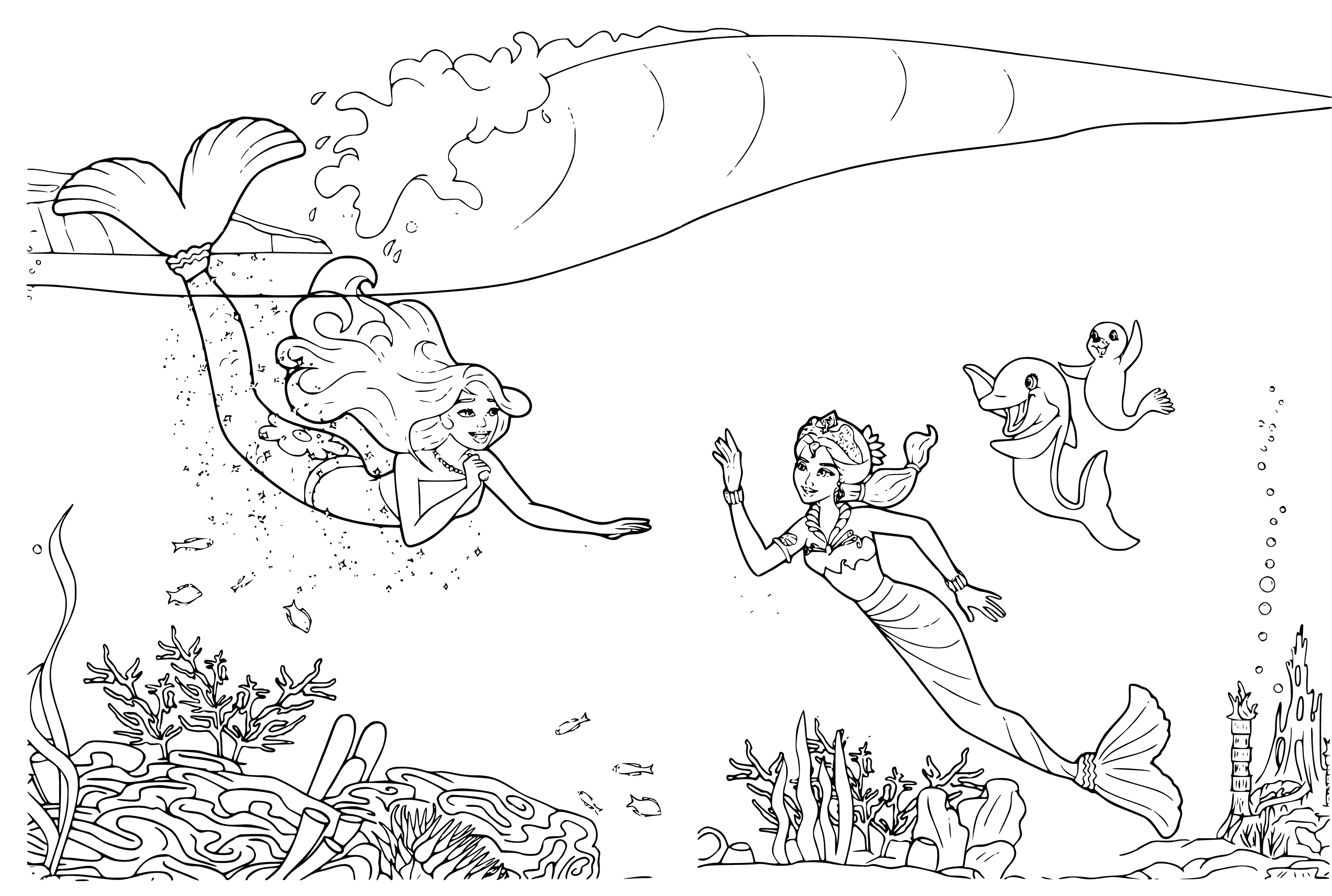 coloring page: Mermaids and sirens gather around a treasure chest, wearing bright dresses and with long hair. Some mermaids have fish tails, some sirens have wings. They open the chest, happy and excited.