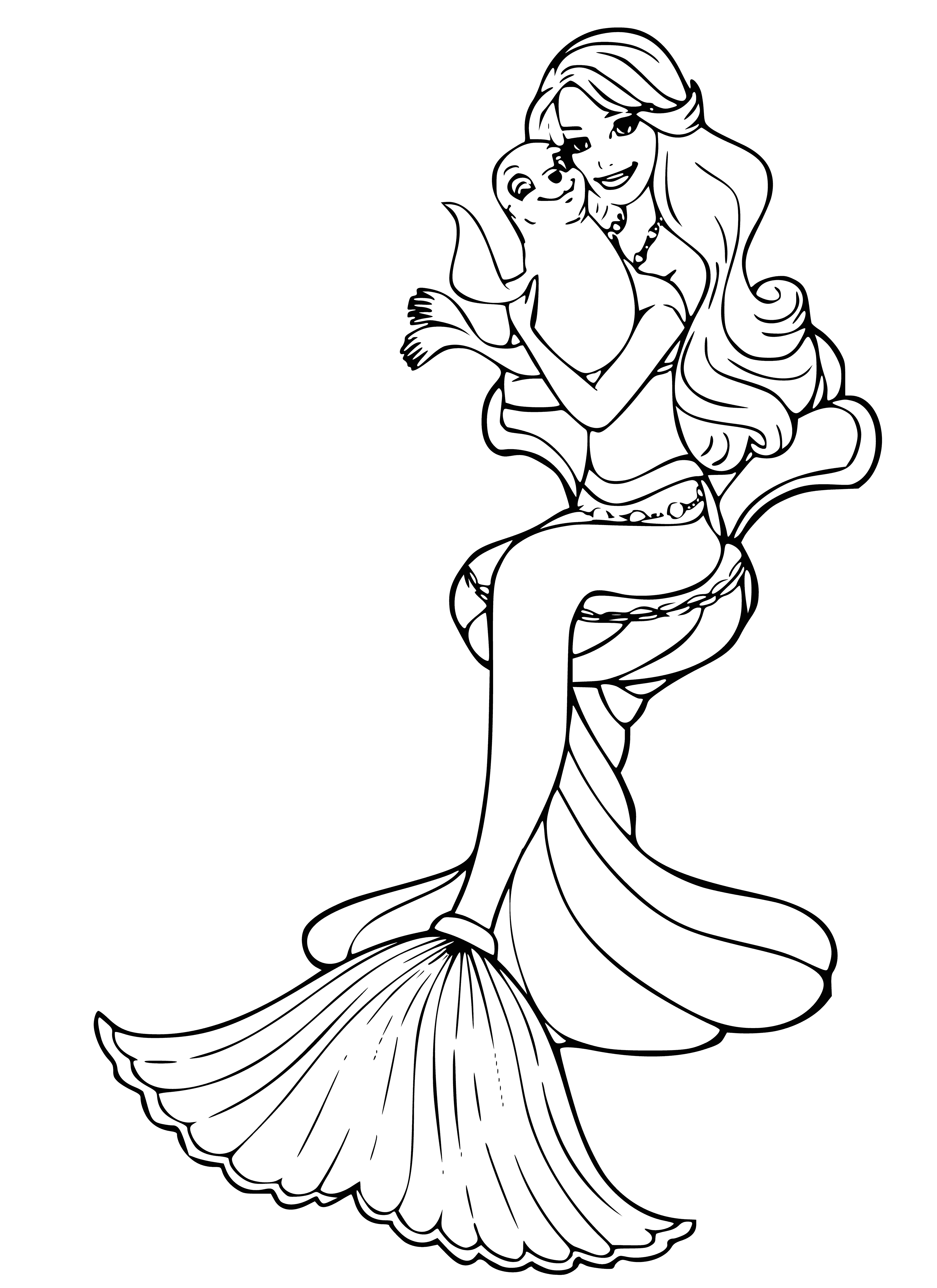 coloring page: Mermaid princess is serenely swimming in the ocean, wearing a shells bikini & pearl necklace with long blonde hair & a blue tail.