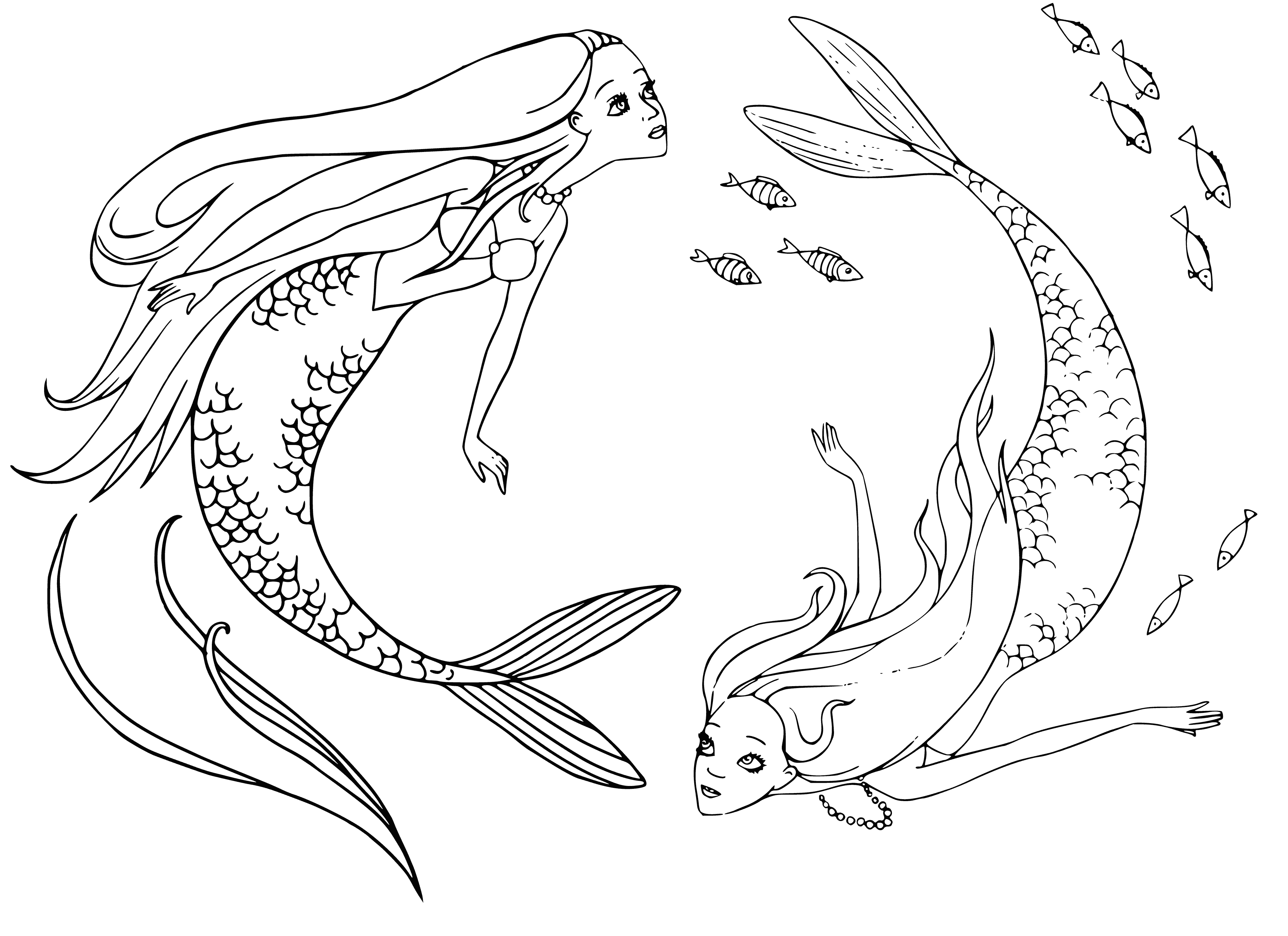 coloring page: Mystical merfolk creatures with human heads & arms, greenish-blue skins, necklace shells, and singing voices, living in a cove by the sea.