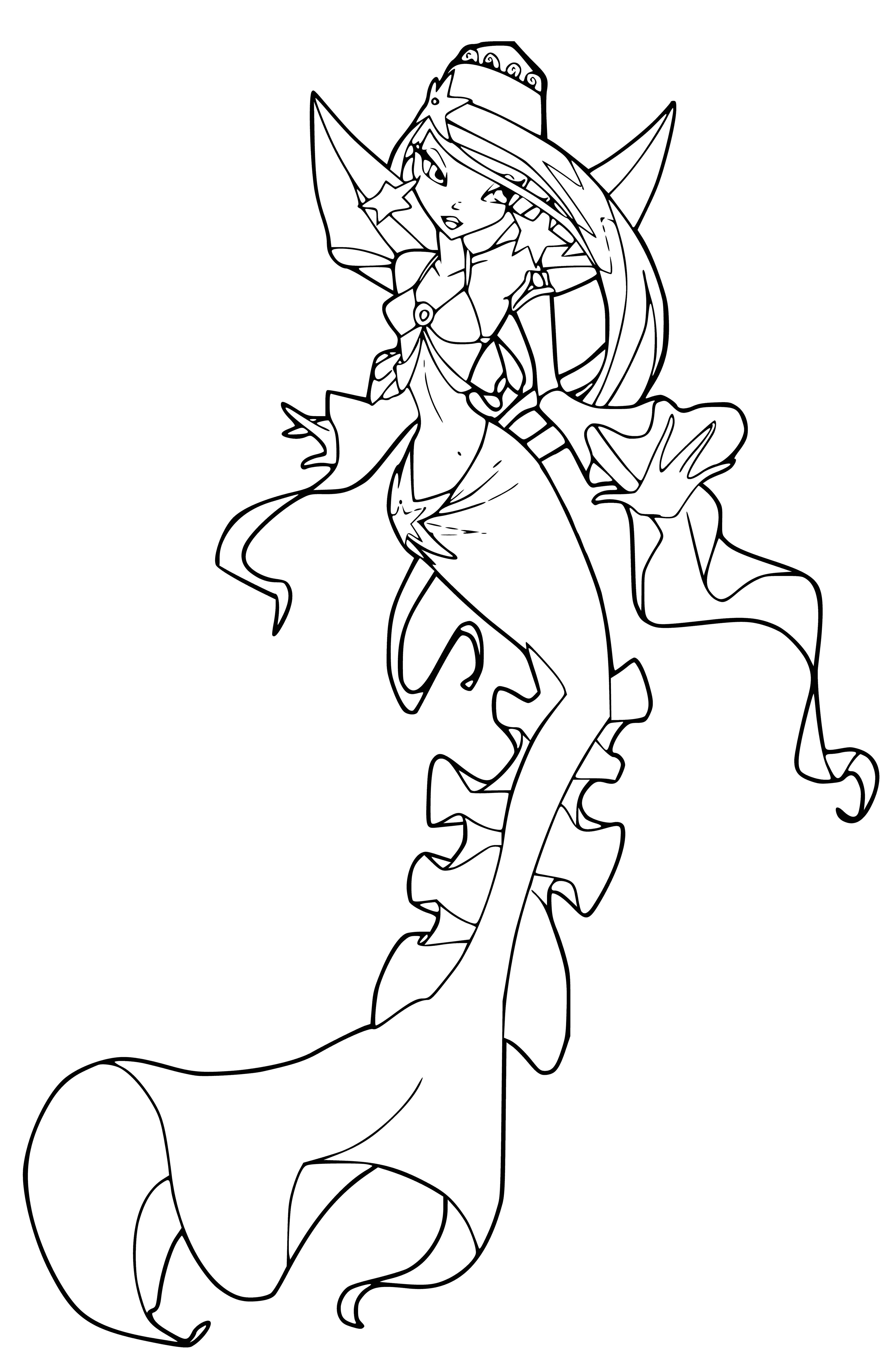 coloring page: "Fish-headed humanoids with flowing hair, dressed in seaweed, peacefully carrying shells and other sea creatures."
