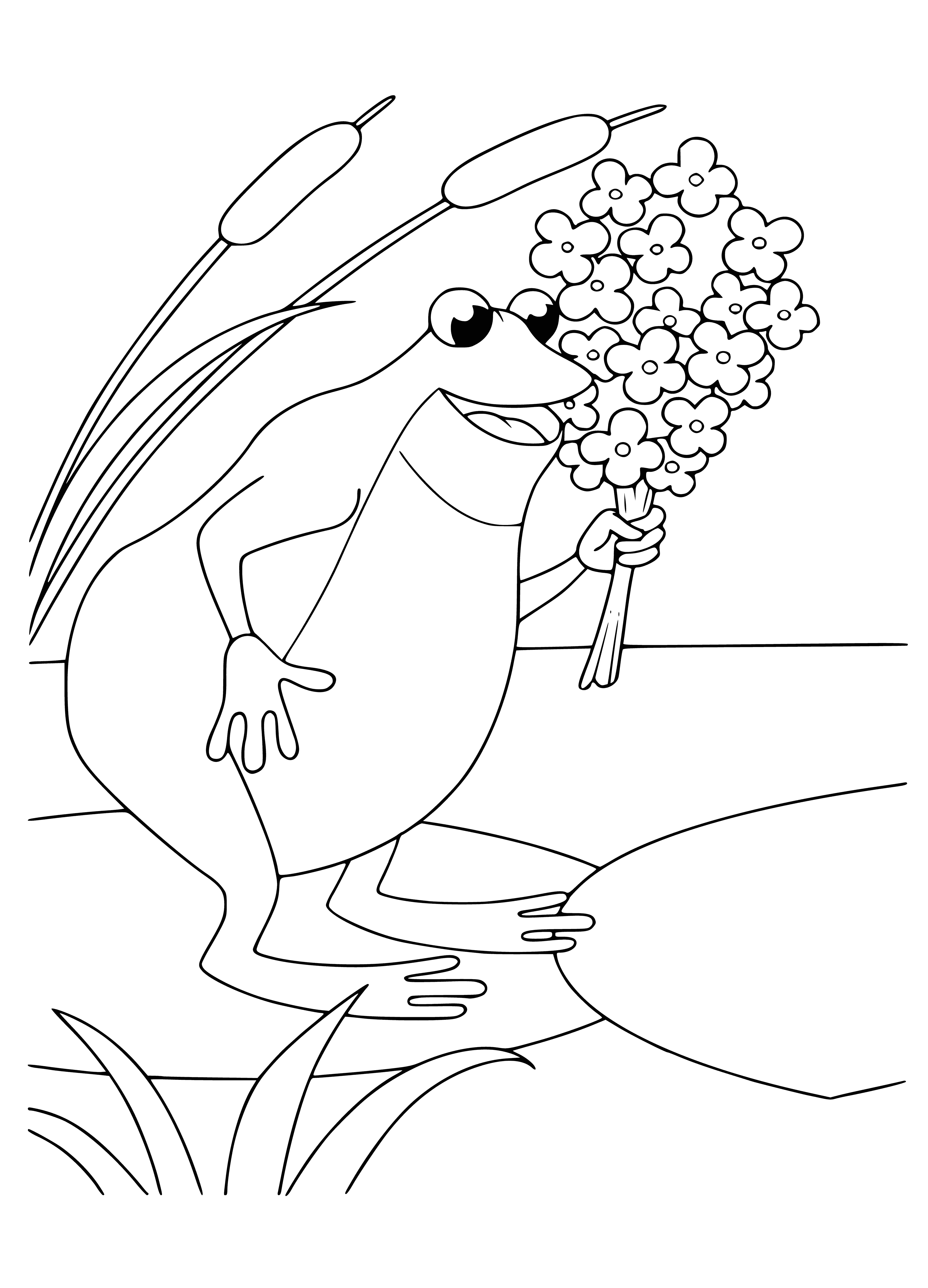 coloring page: Toad holds bouquet as Thumbelina, a small winged girl on a lily pad, looks on.