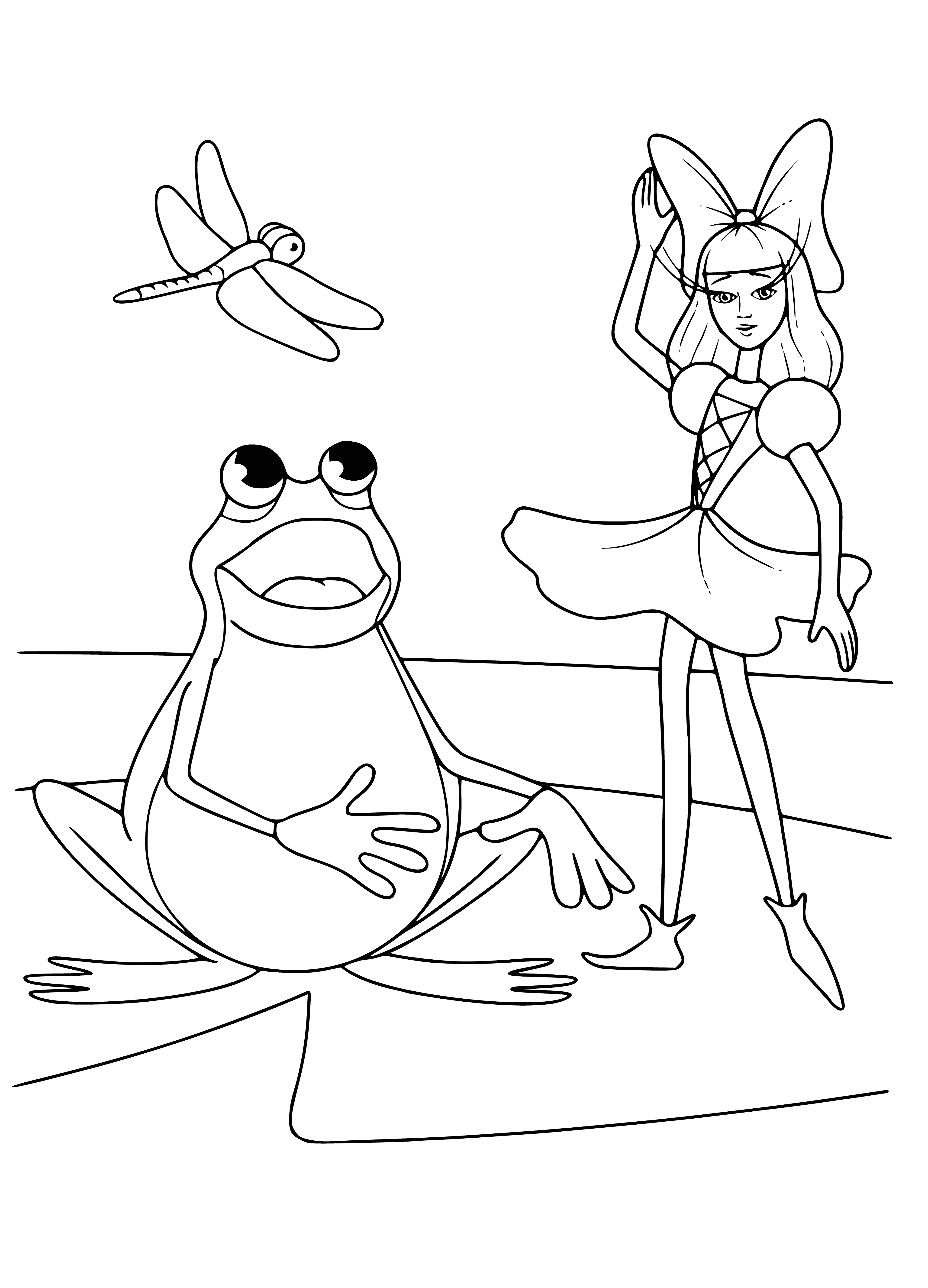 coloring page: She tells the fish that she is so small that no one loves her, and she has no joy in her life.

Thumbelina sits on a toad's son's head, talking to a fish, feeling unloved and joyless.