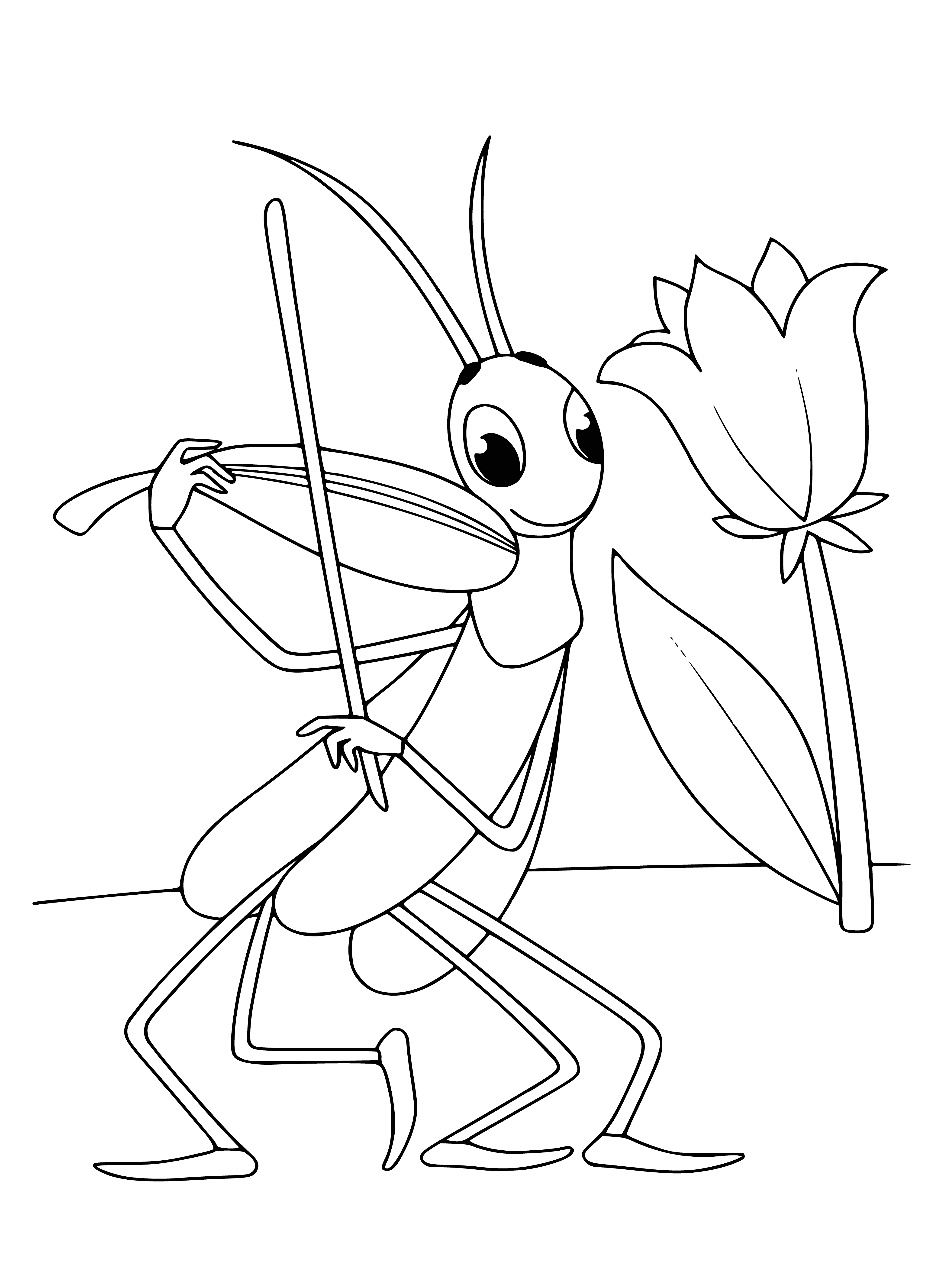 coloring page: Small girl in blue dress dances to the music of a tiny grasshopper playing the violin in a field of tall grass.