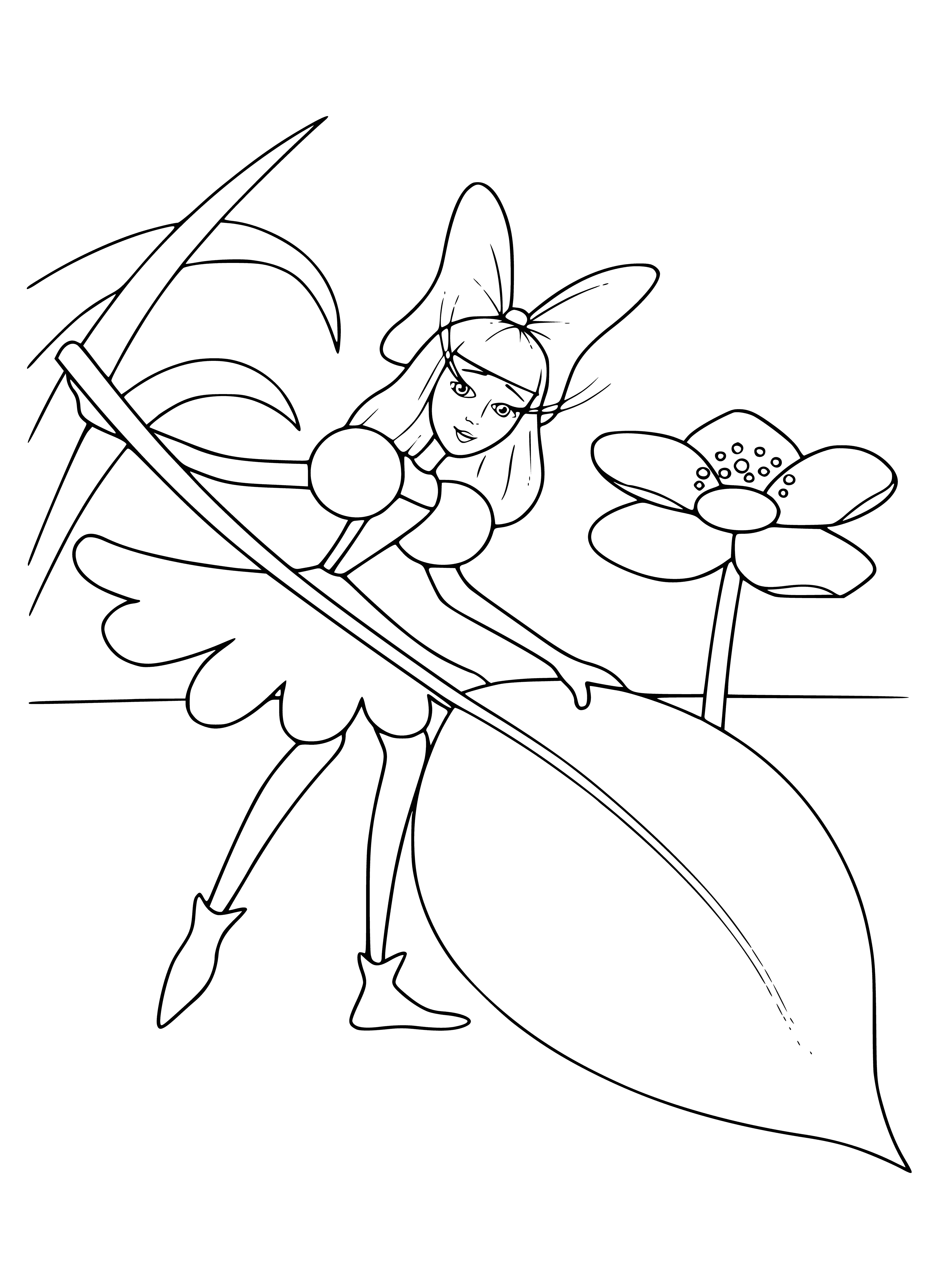 coloring page: Thumbelina stands in a grassy field looking up at a blue sky with clouds. She holds a giant leaf.