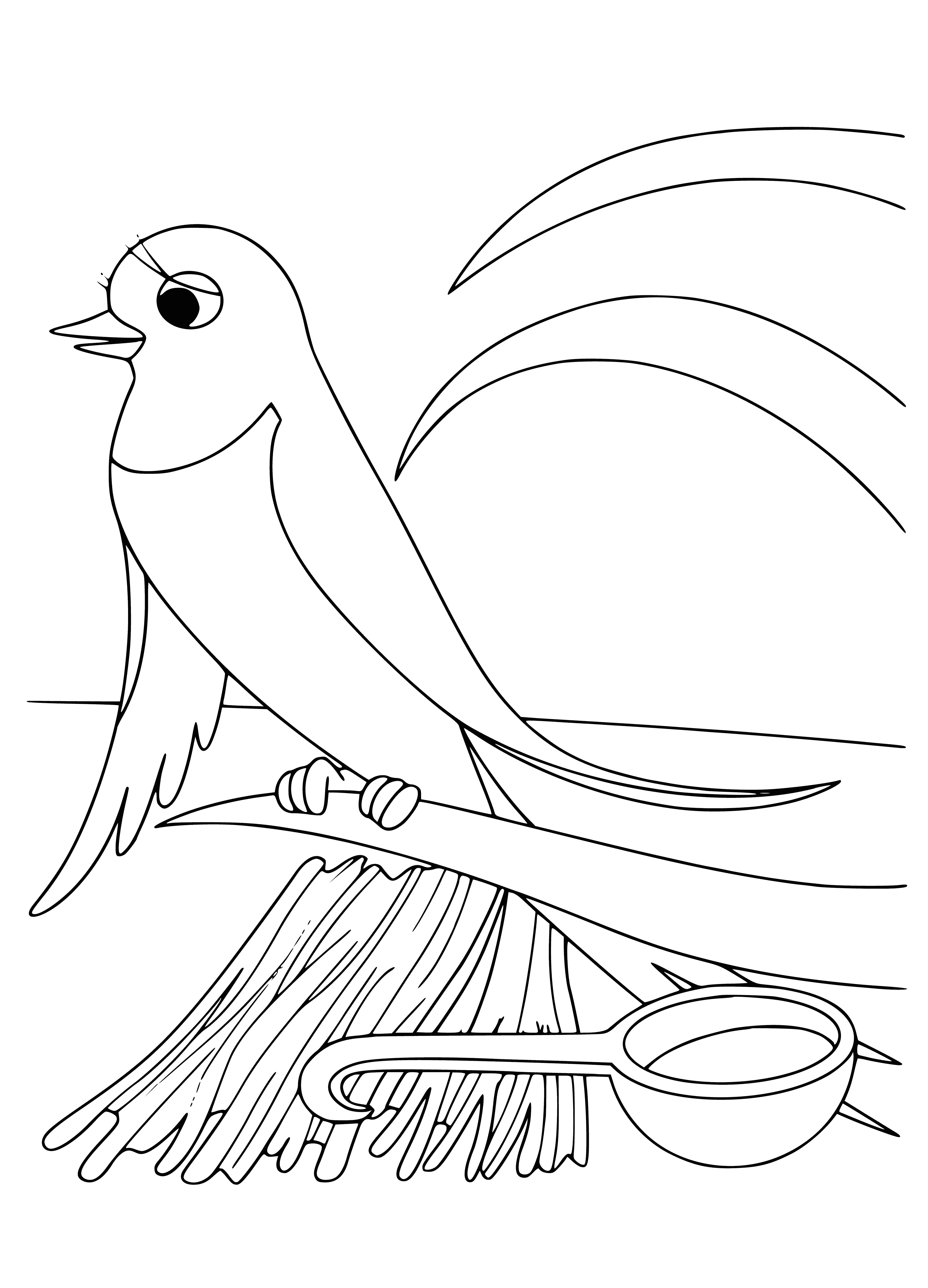 coloring page: Girl in red dress sits on yellow mushroom & smiles, holding blue flower; yellow bird & green bush in background.