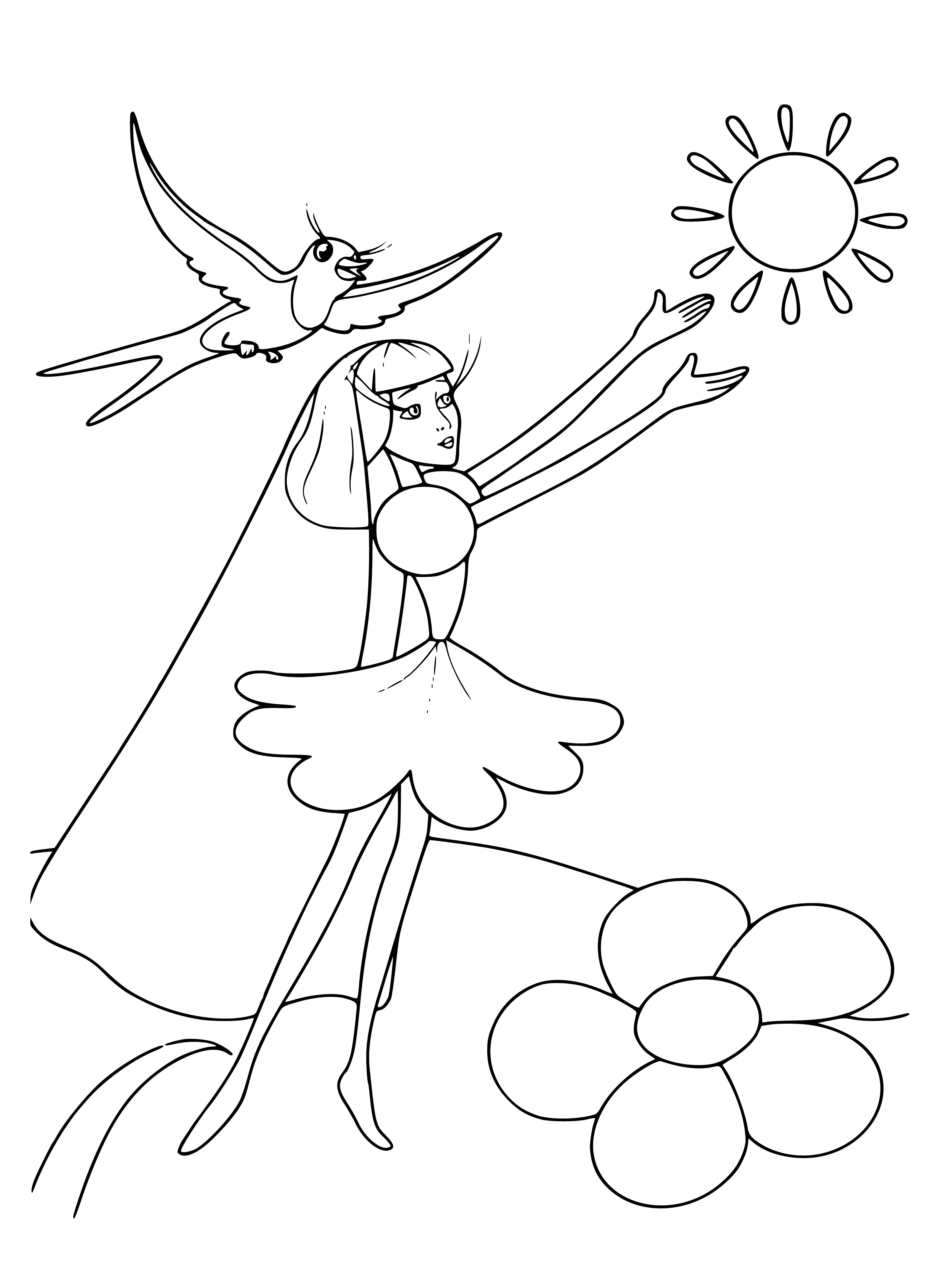 coloring page: Thumbelina says goodbye to the sun as it sets behind the mountains in a field of flowers.