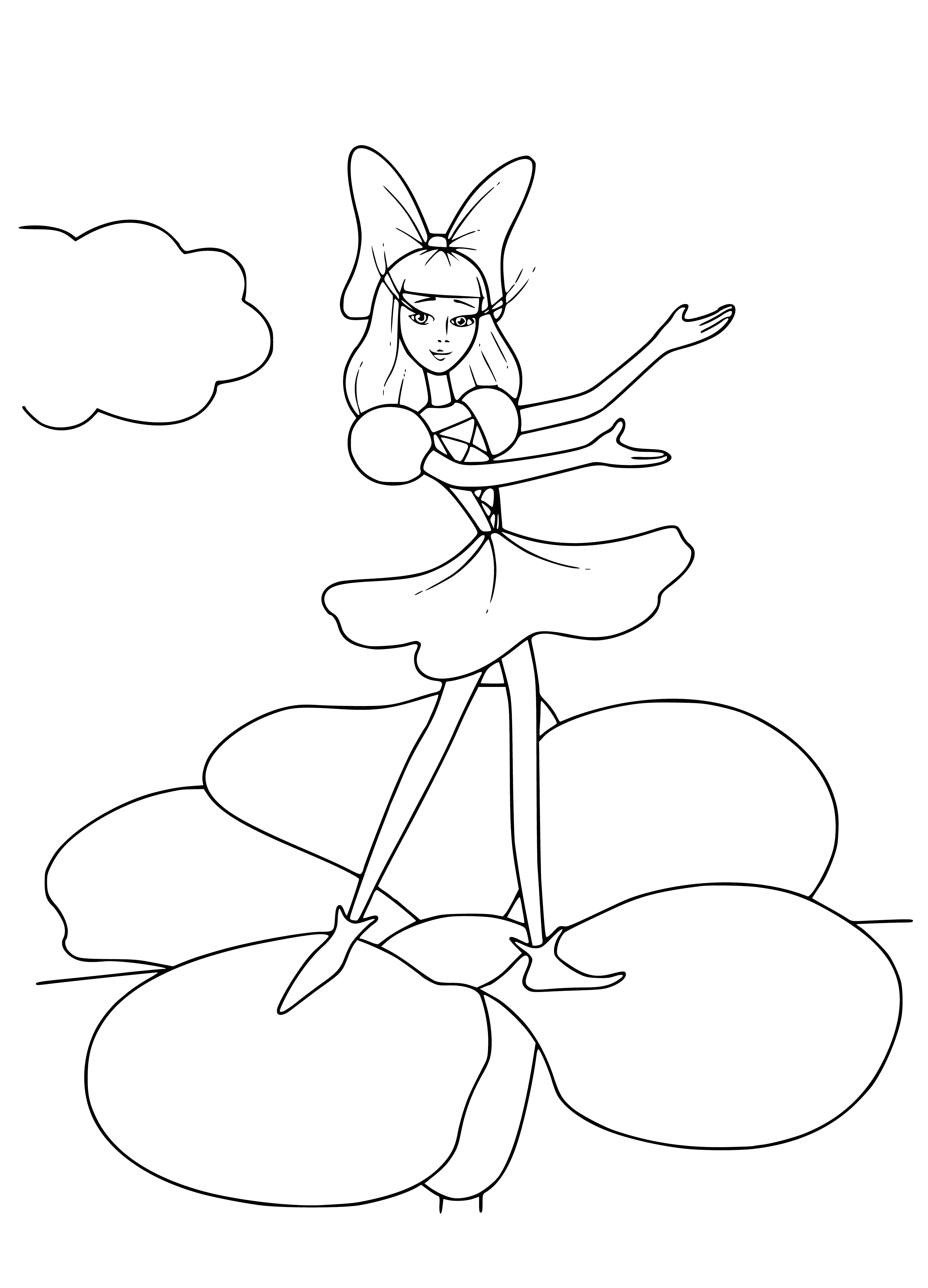 coloring page: A delicate blonde girl in a white dress sits atop a yellow flower, content and smiling.