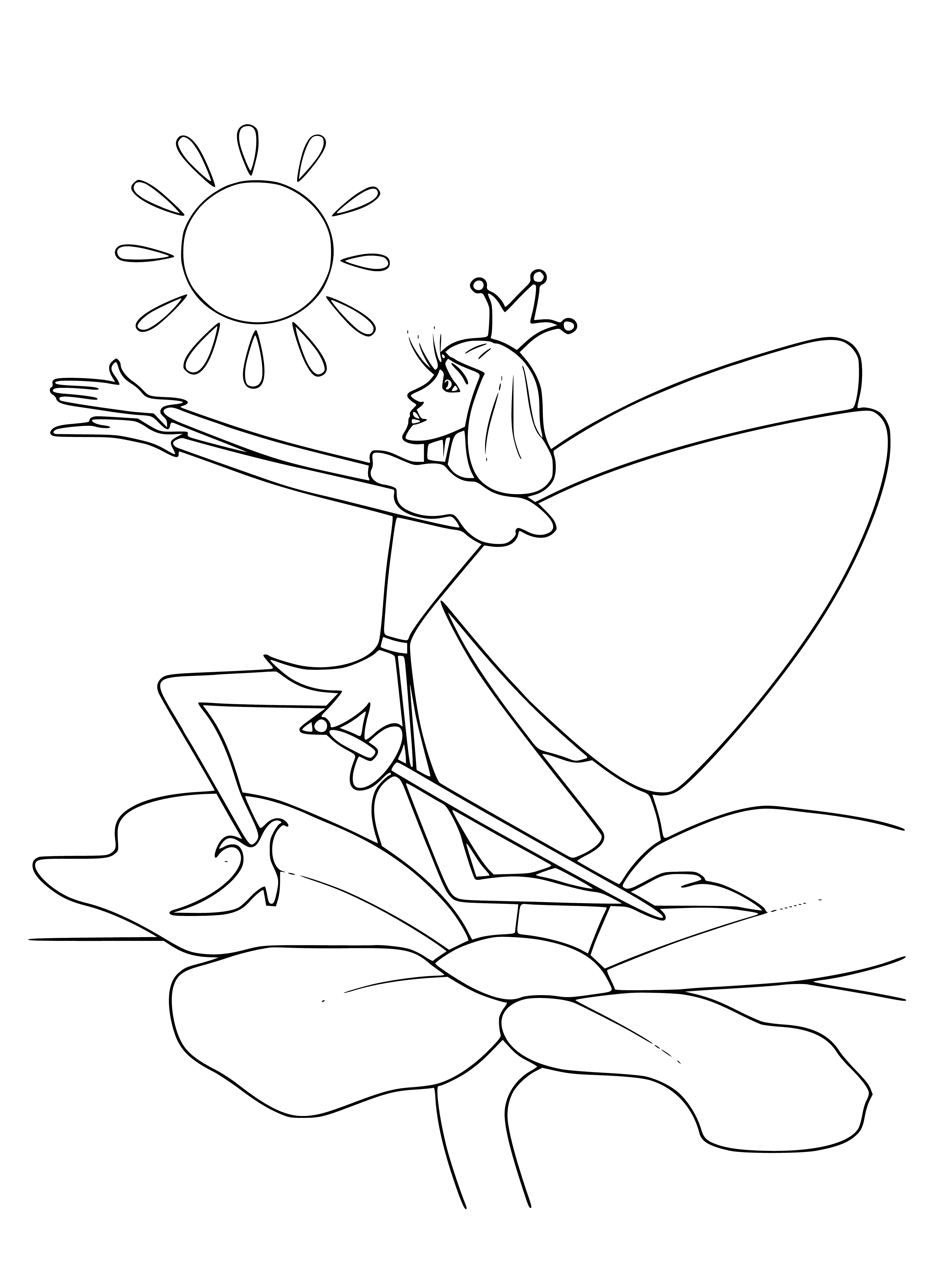 coloring page: Prince kneels and asks Thumbelina to marry him; she stands in shock with hands to face.