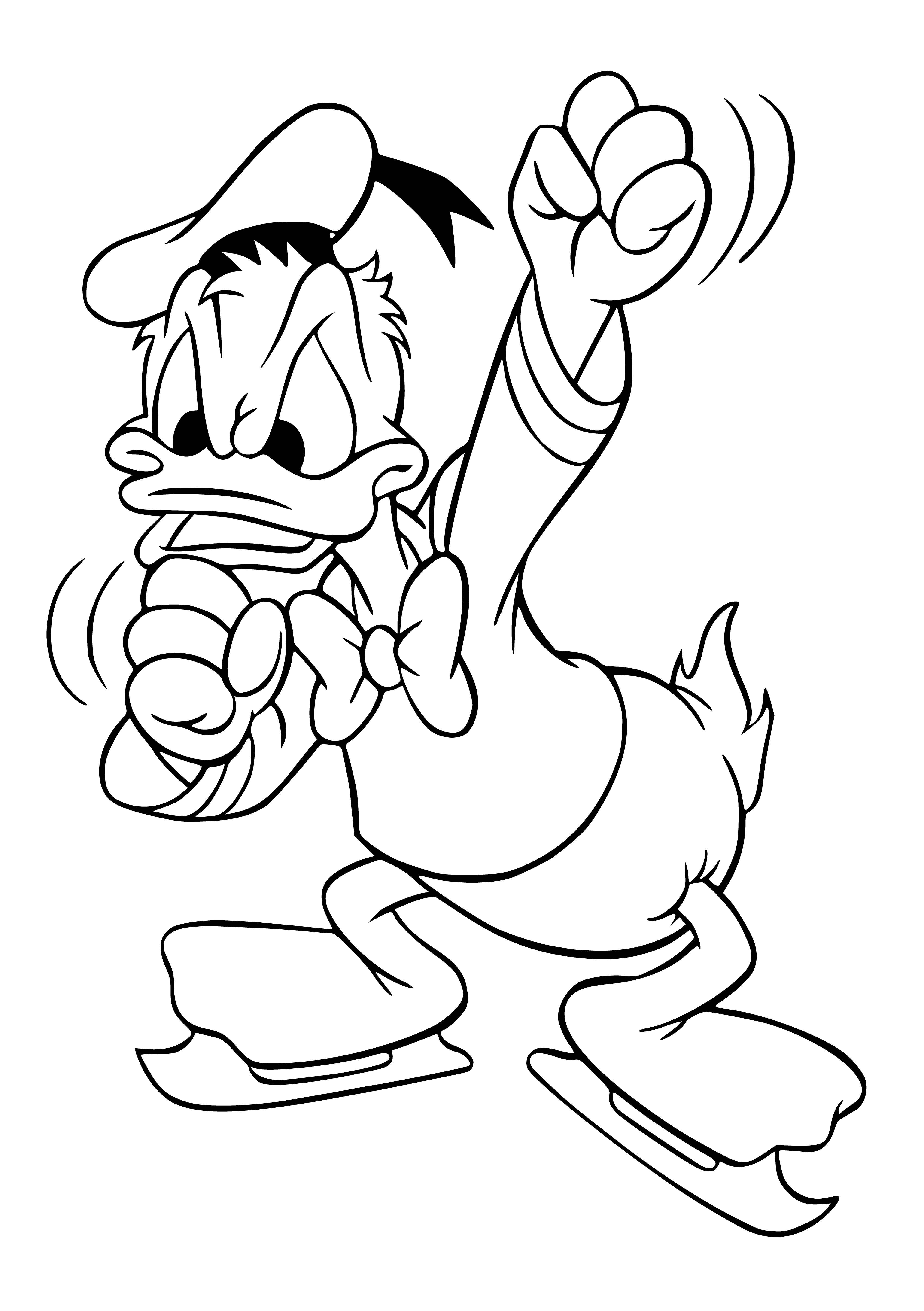 coloring page: Mickey & Minnie skating away in the center of the rink, Donald grumpy & Goofy skating backwards behind them as other skaters enjoy! Sky beautiful blue, rink lined with trees.