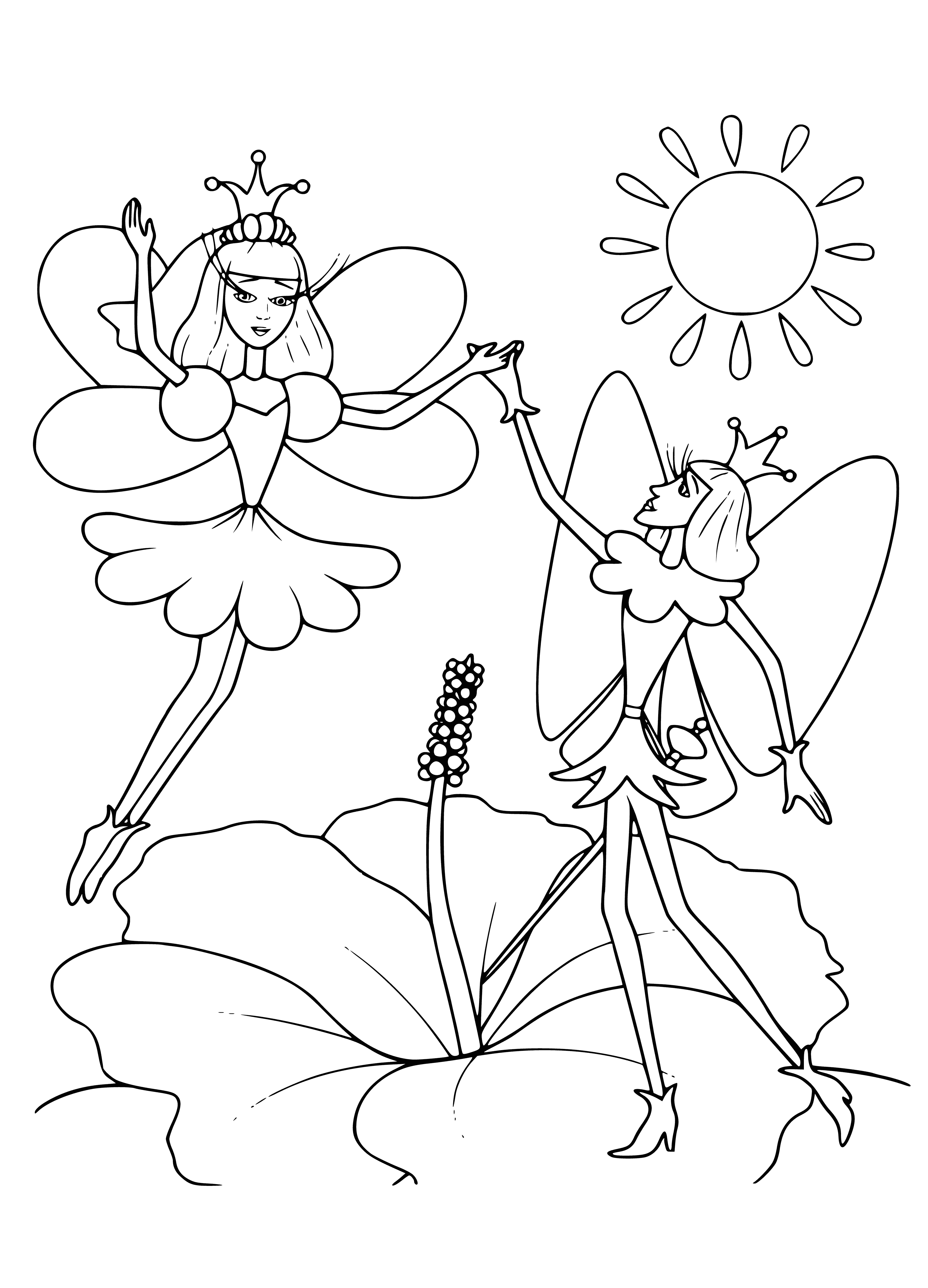 coloring page: Girl in white dress holds orange flower & talks to blue bird in a field of flowers.