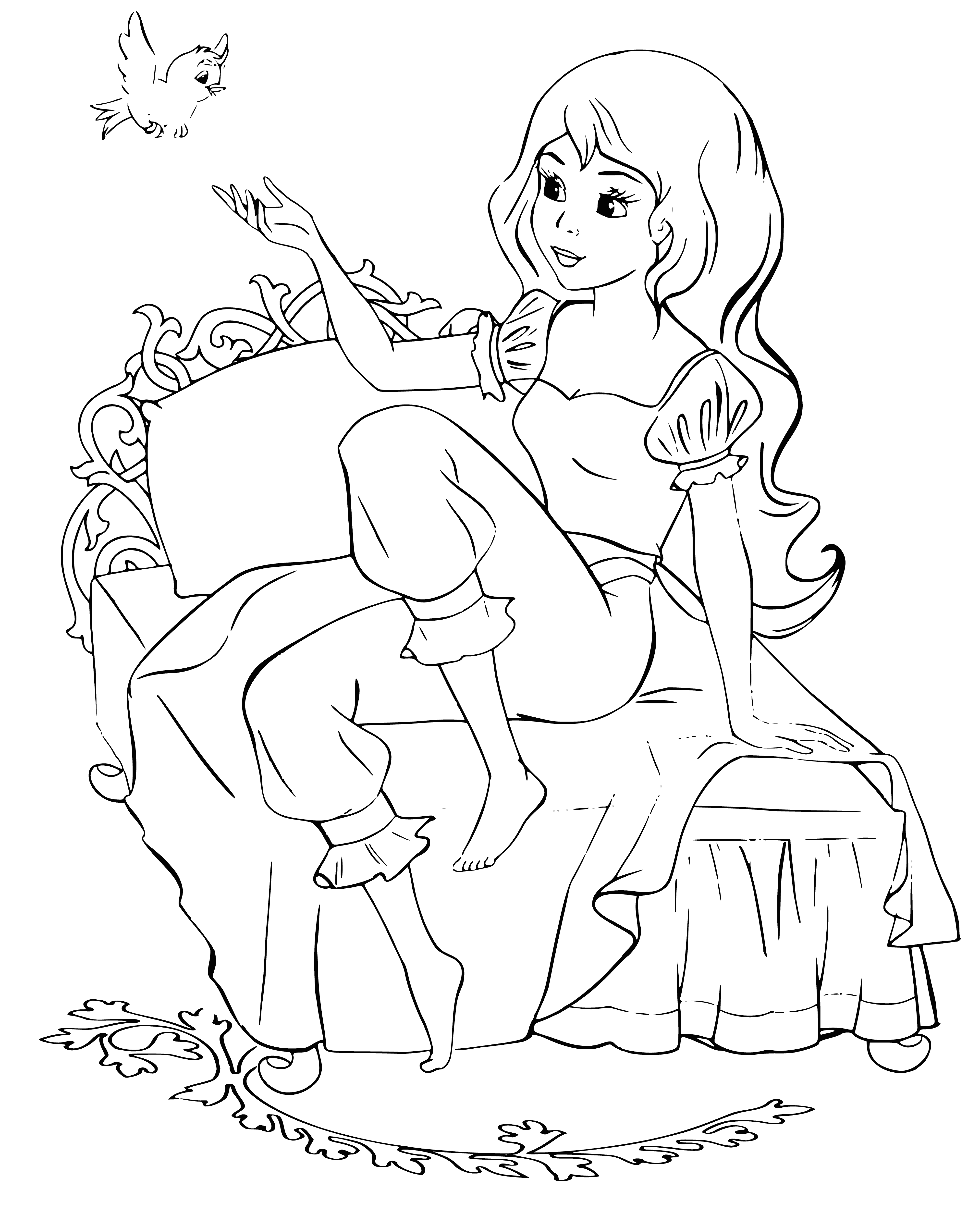 coloring page: Princess in white dress w/blue sash, holding wand & gold crown, in front of castle.